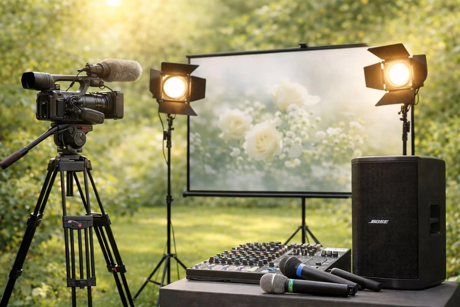 Video recording equipment setup outdoors, including a camera on a tripod, studio lights, a projection screen displaying flowers, microphones, a sound mixer, and a Bose speaker, with a background of green trees and foliage.