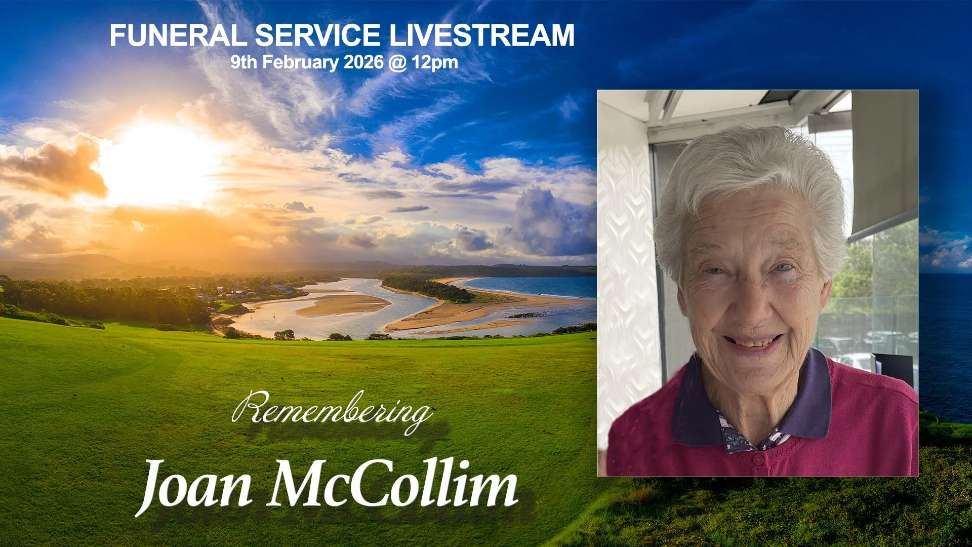 Memorial poster for Joan McCollim with a scenic landscape of a river and green fields at sunset, and a portrait of an elderly woman with short white hair, smiling, wearing a pink top, in an indoor setting.