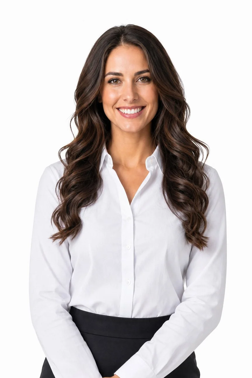 A smiling woman with long, wavy brown hair wearing a white button-down shirt and black skirt, standing against a plain white background.