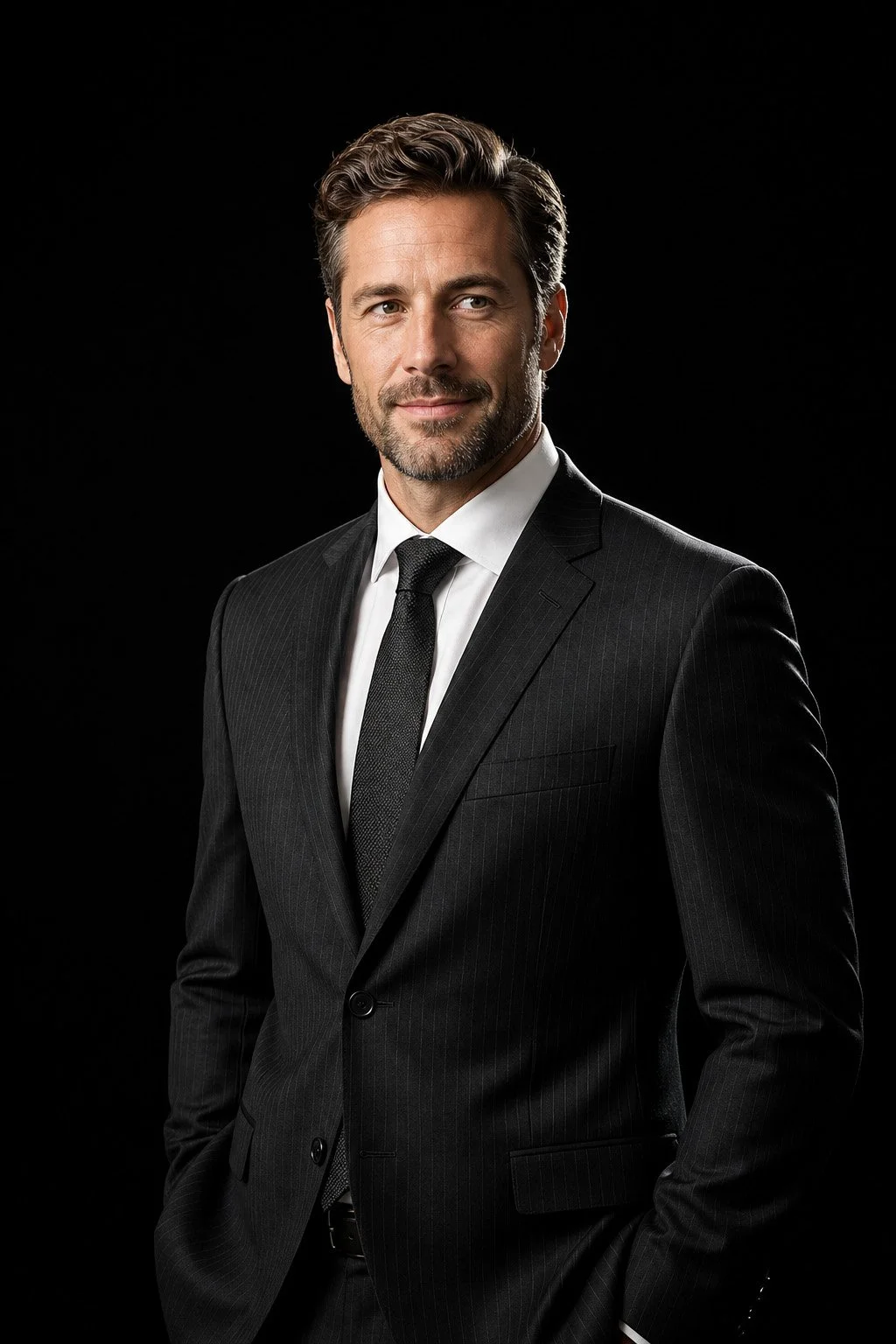 Portrait of a man in a black pinstripe suit, white shirt, and black tie, standing against a black background.