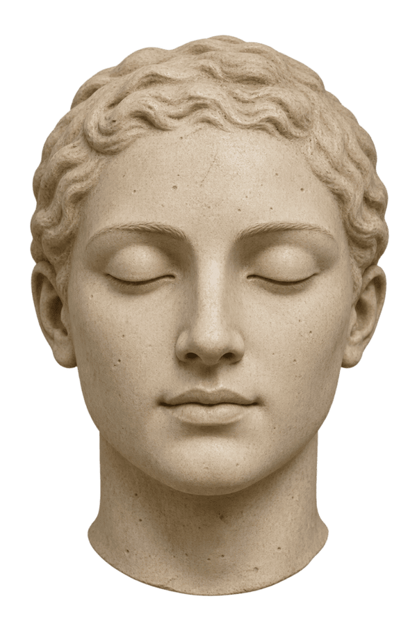 Buste en marbre d’un jeune homme aux yeux fermés, inspiré de la sculpture antique gréco-romaine.
