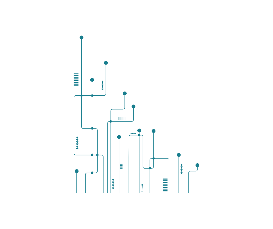 Mavi renkli, çizgi grafiği şeklinde soyut bir tasarım, dikey ve yatay çizgilerle ve küçük dikdörtgen ve çizgi bloklarıyla oluşturulmuş, sağdan sola küçülen yapı.