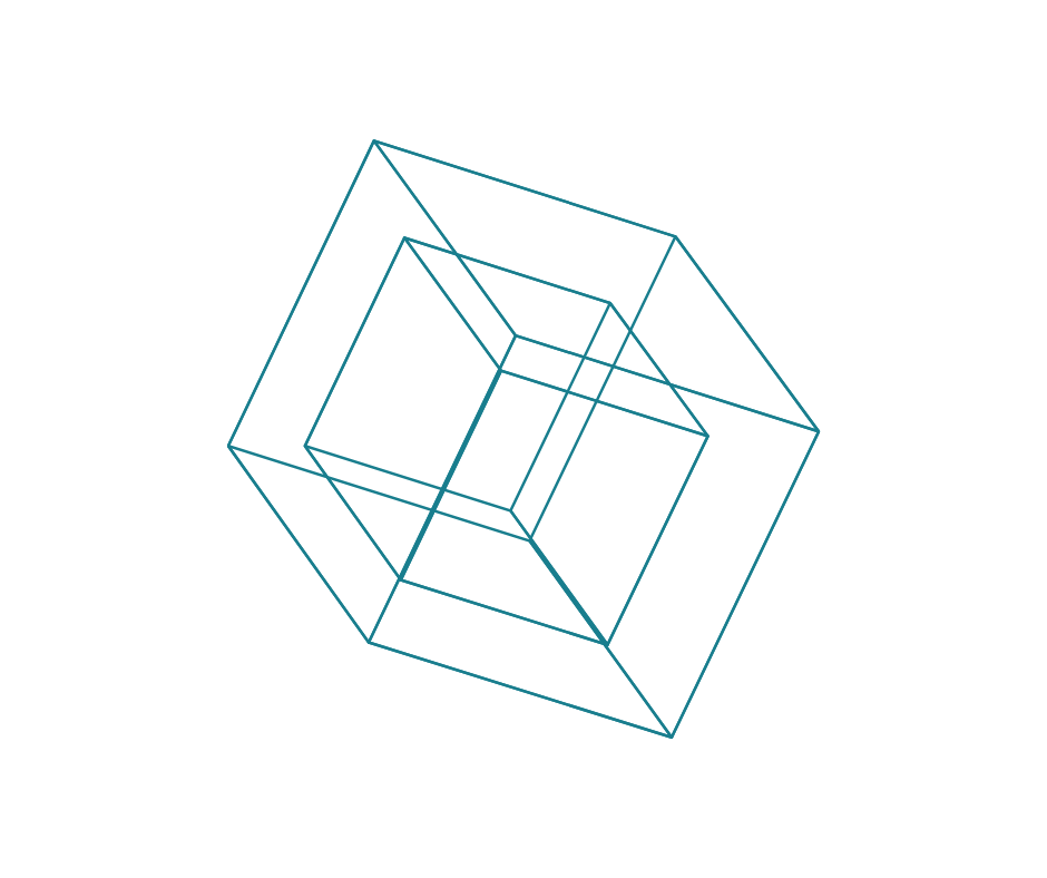 Boş beyaz arka planda mavi çizgilerle çizilmiş çok boyutlu geometrik küp şeklinde 3D şekil.