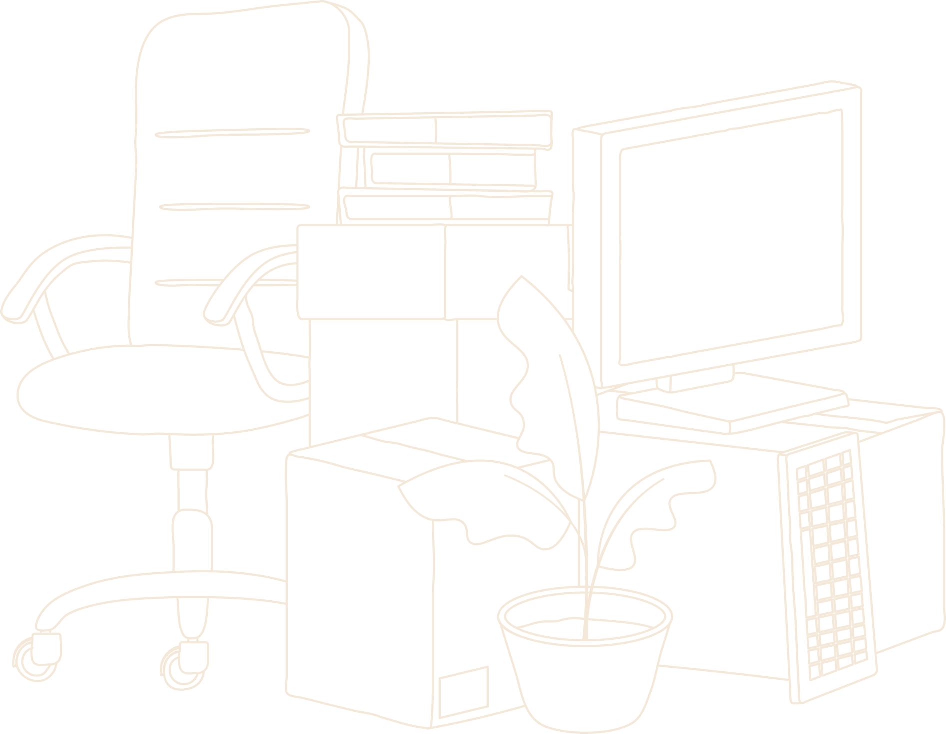 Outline drawing of a cluttered office space with a computer monitor, desk, chair, stacks of books, a potted plant, and various electronic devices.