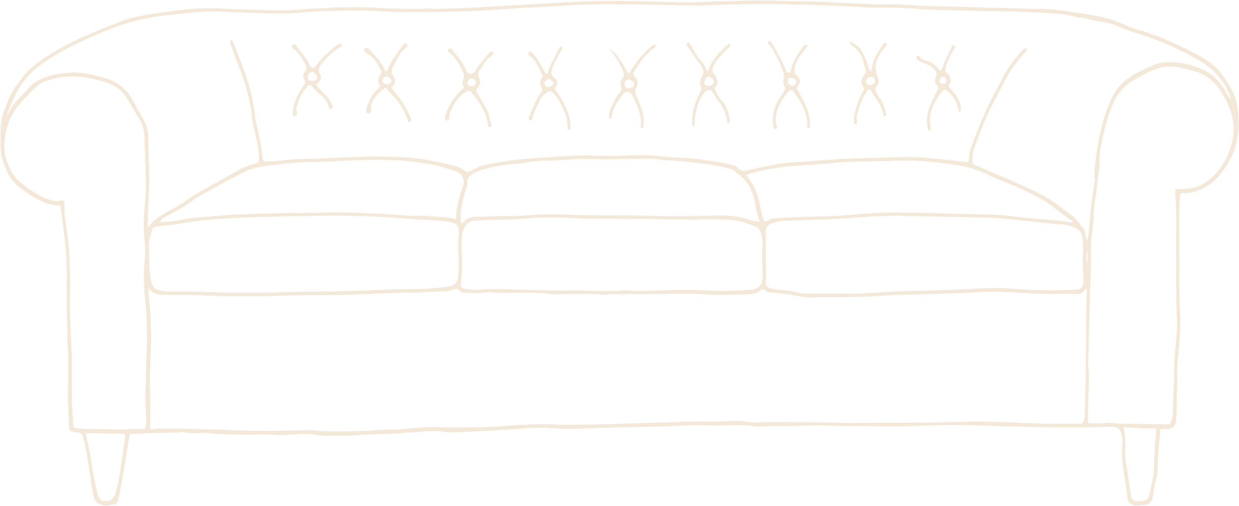 Line drawing of a sofa with three cushions and decorative throw pillows, with a row of potted plants on a shelf behind it.