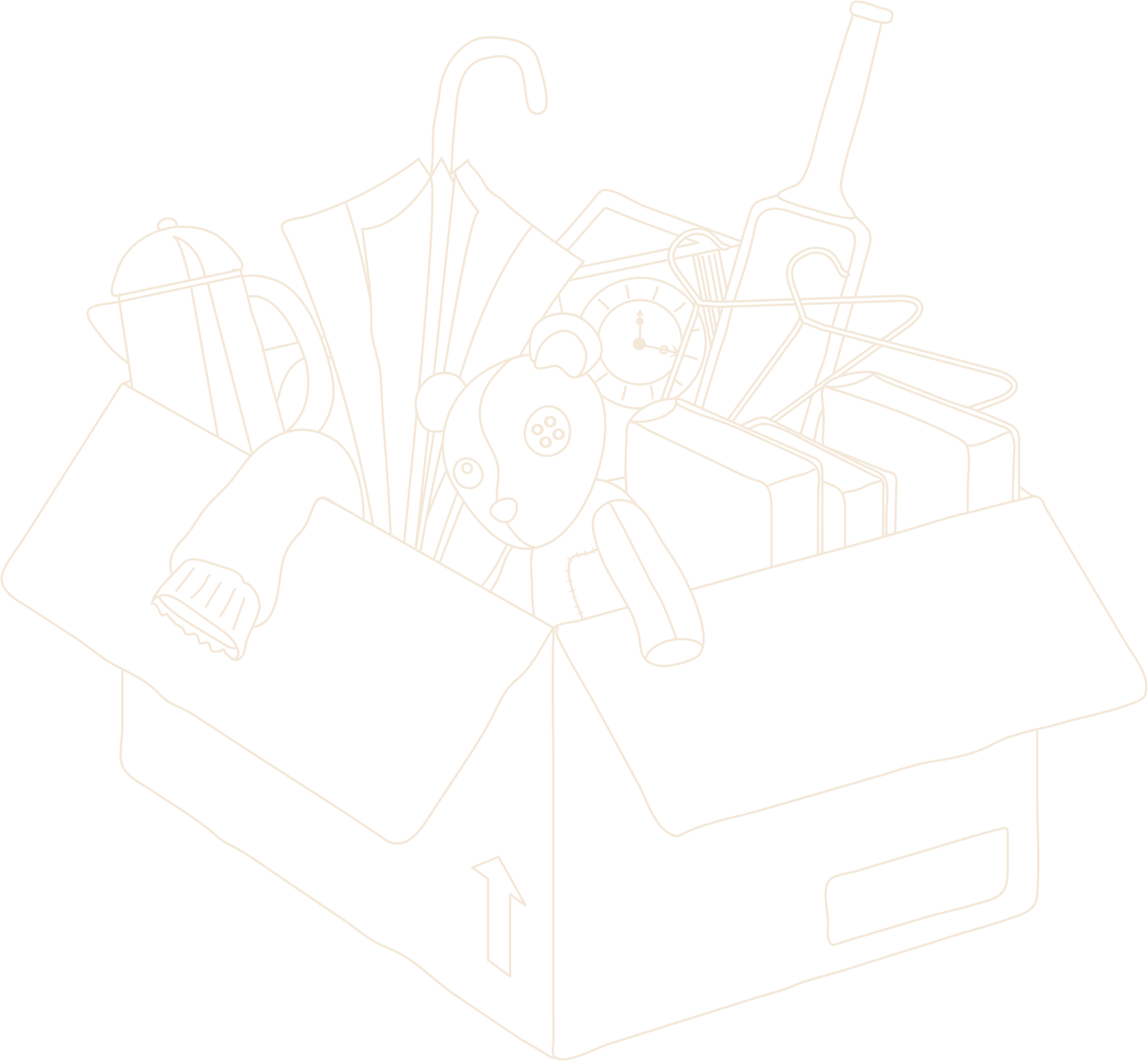 Outline drawing of a cardboard box filled with various office and art supplies, including a lamp, paper, scissors, a clock, a ruler, a briefcase, and other miscellaneous items.