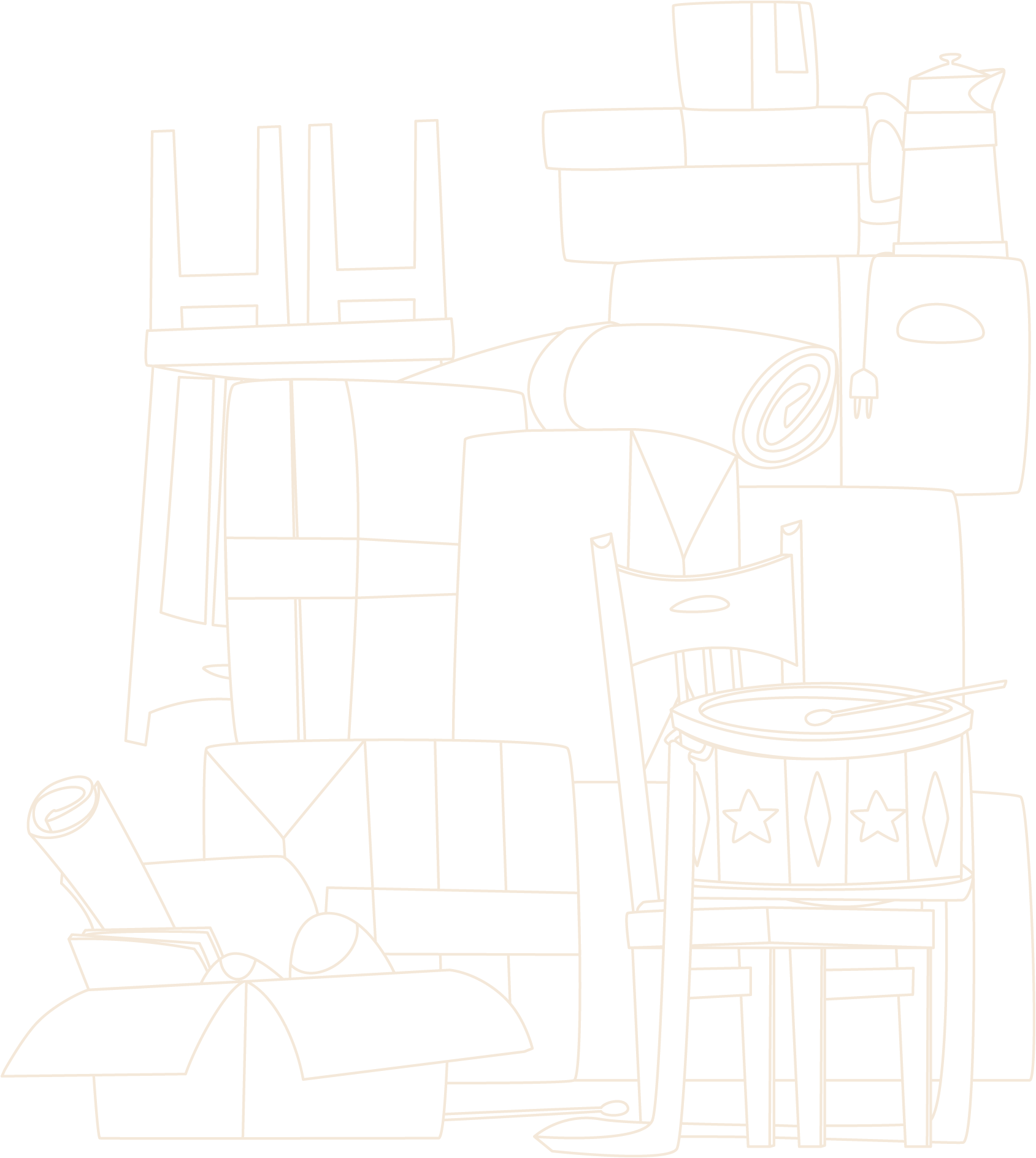 Outline drawing of various household items including a chair, a washing machine with fall clothes, a shredded paper roller, a table with chairs, a soda can, a wrapped gift box, and a decorated container.