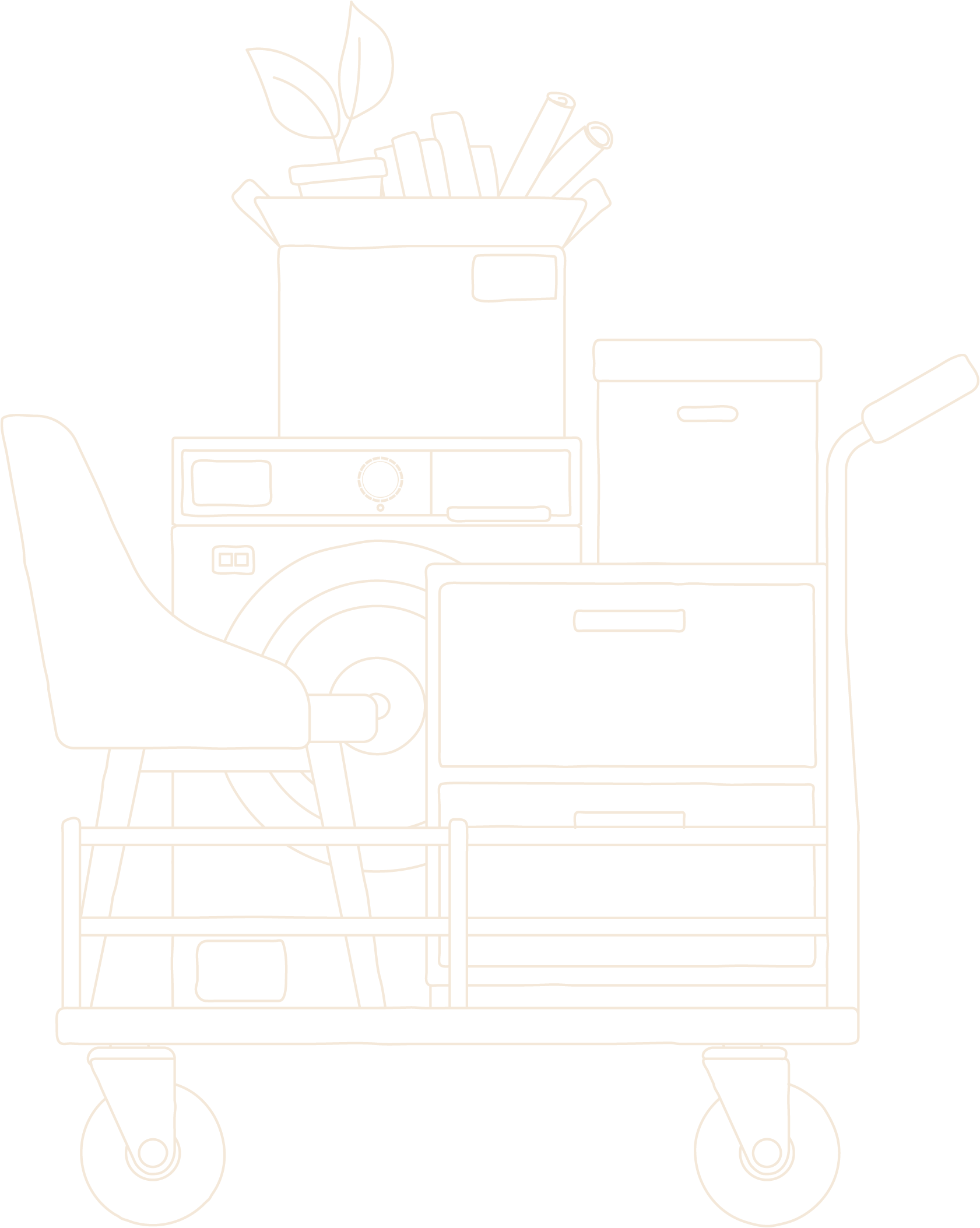 Line drawing of a shopping cart with various items inside, including a box with leaves and rolled papers, on a black background.