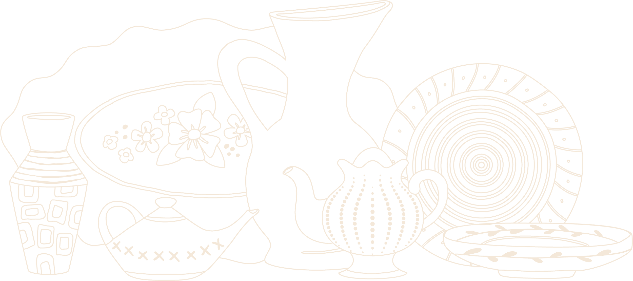 Line drawing of various decorative plates, vases, and cups, with a floral pattern, geometric designs, and concentric circles.