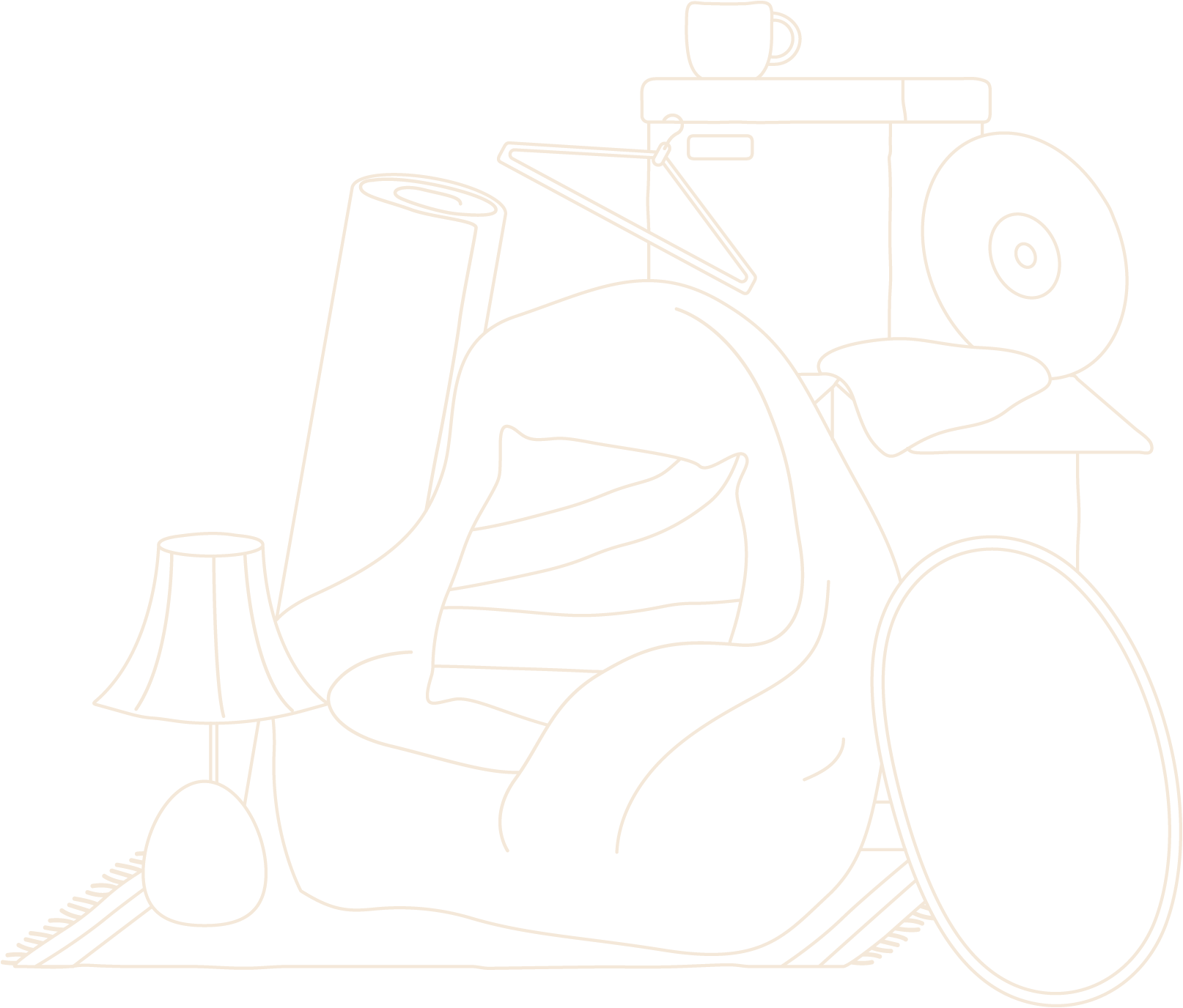 Line drawing of a bicycle with a cup, a lamp, a cupboard with a board, a cushion, a pillow, a blanket, a small side table, and a rug.