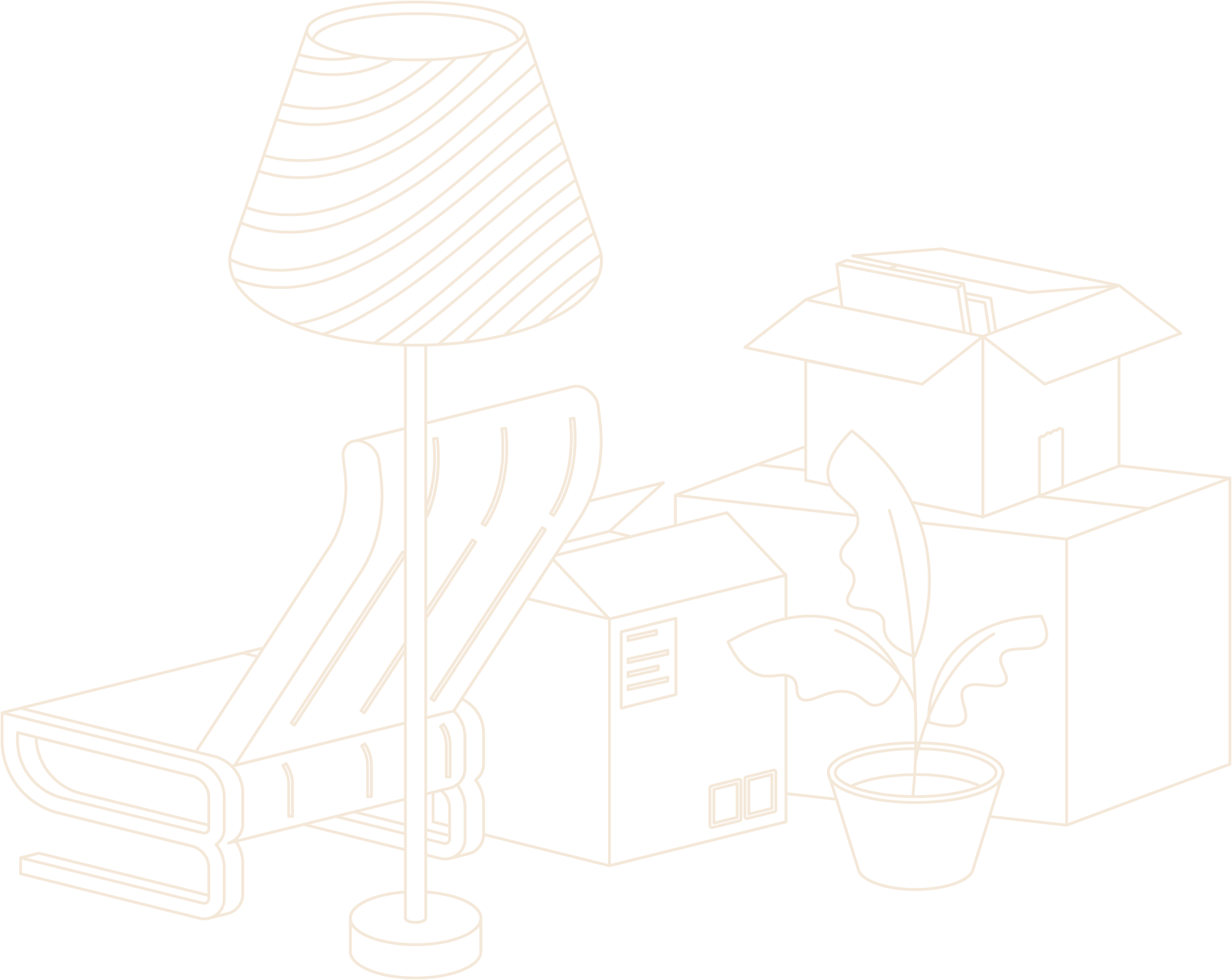 Line art illustration of a desk with a table lamp, open cardboard box, plants, and books.