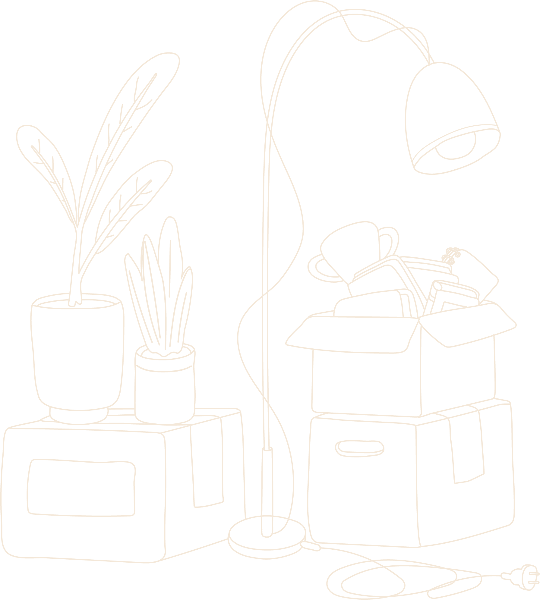 Outline drawing of a desk lamp, a potted plant, a coffee cup, books, a backpack, an extension cord, and apple.