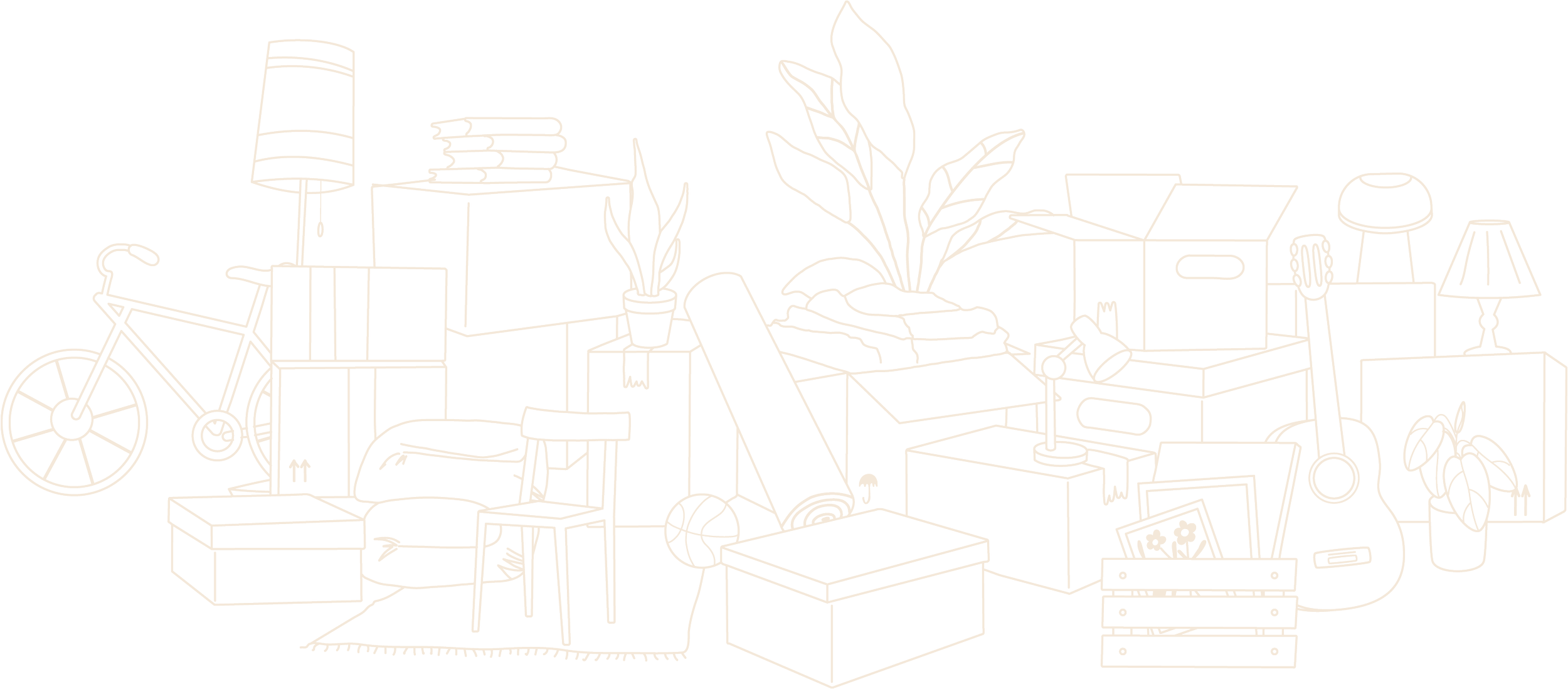 Line drawing of a cluttered room filled with various objects such as a bicycle, lamp, plants, boxes, books, furniture, and decorative items.