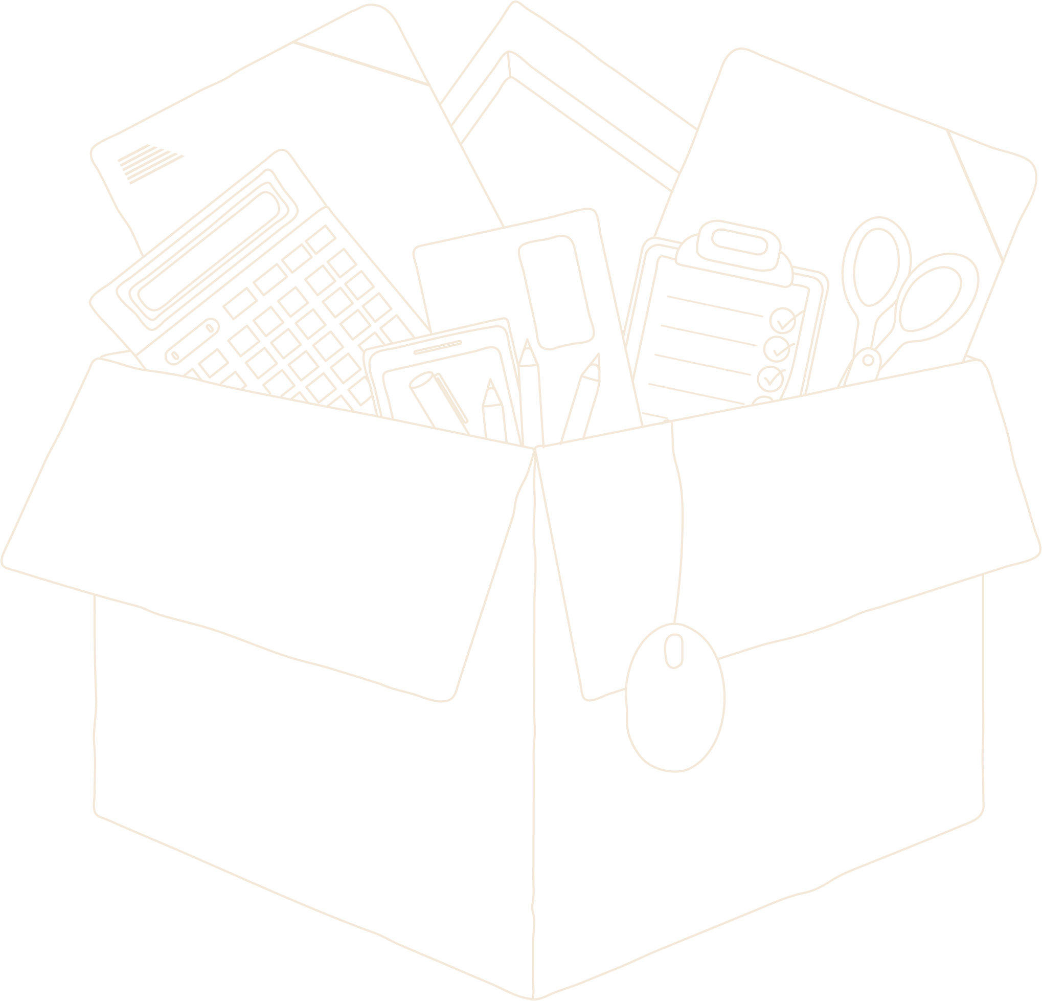 Line drawing of an open cardboard box filled with office supplies including a calculator, notebooks, pens, scissors, and sticky notes.