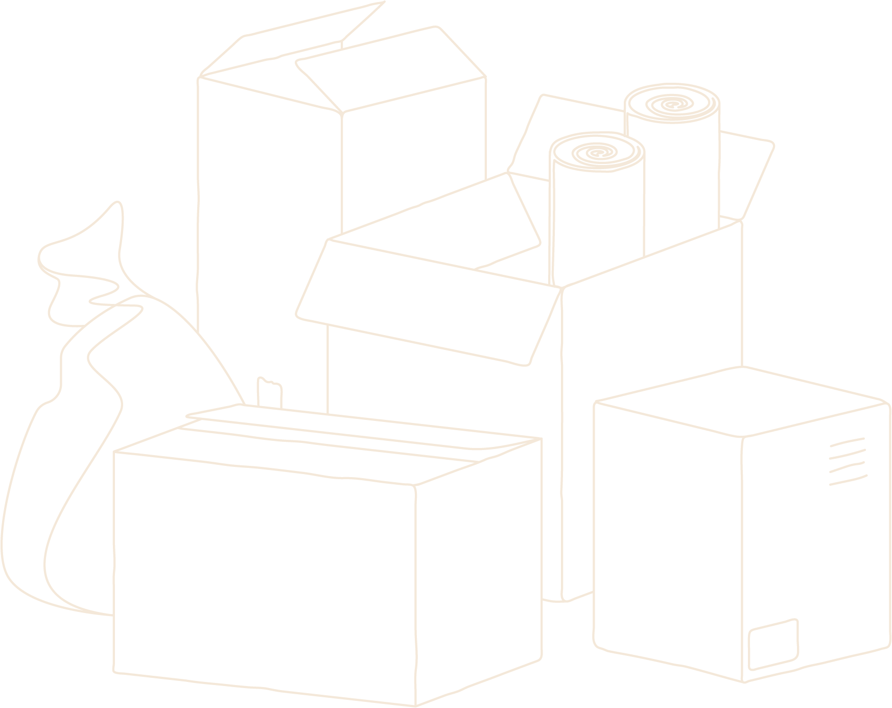 Line drawing of an open cardboard box with rolled papers inside, surrounded by other closed and open boxes.