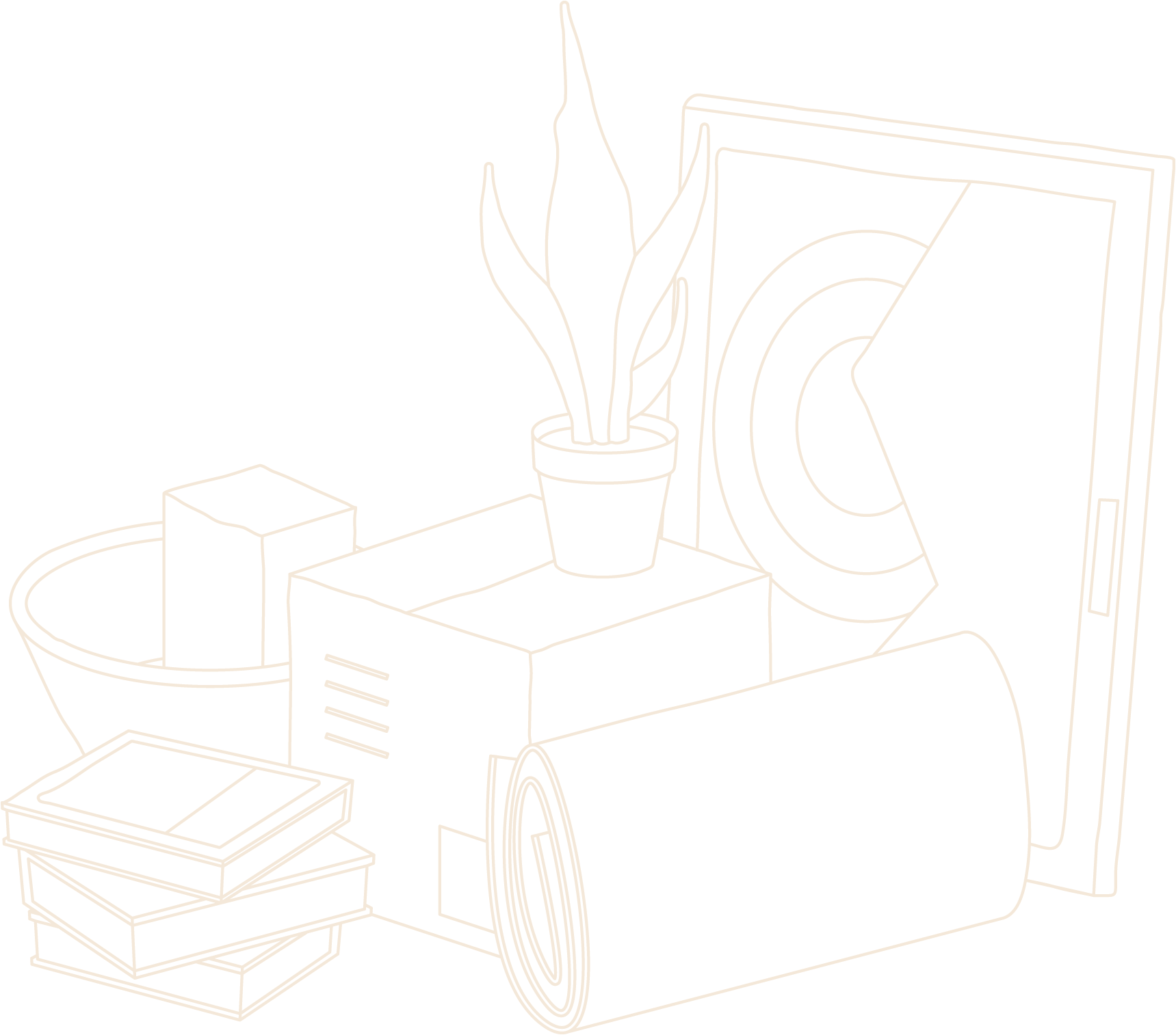 Line drawing of a room corner featuring a washing machine, a small table with books, a potted plant, a speaker, and a framed picture leaning against the wall.