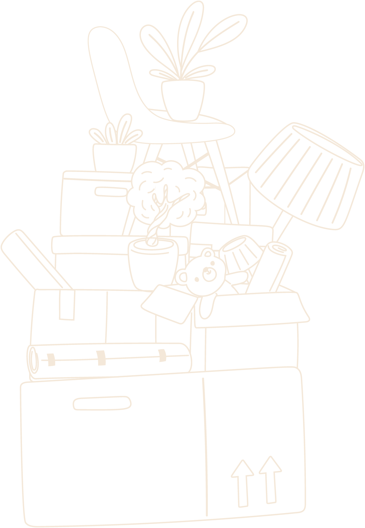 Line drawing of a pile of cardboard moving boxes with plants, a teddy bear, a lamp, and books inside and on top, against a black background.
