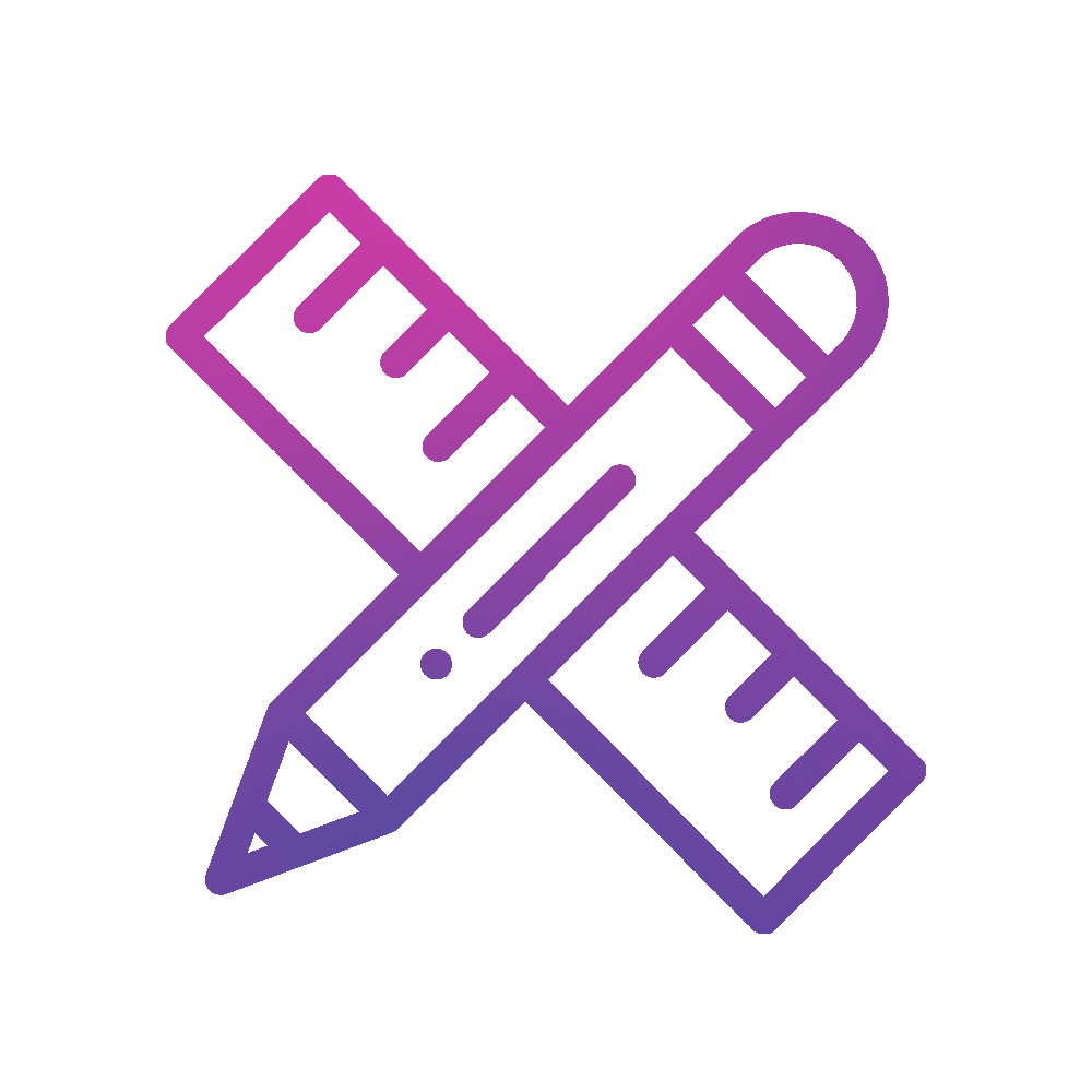 Outline of a purple pencil crossing a purple ruler, symbolizing design or measurements.
