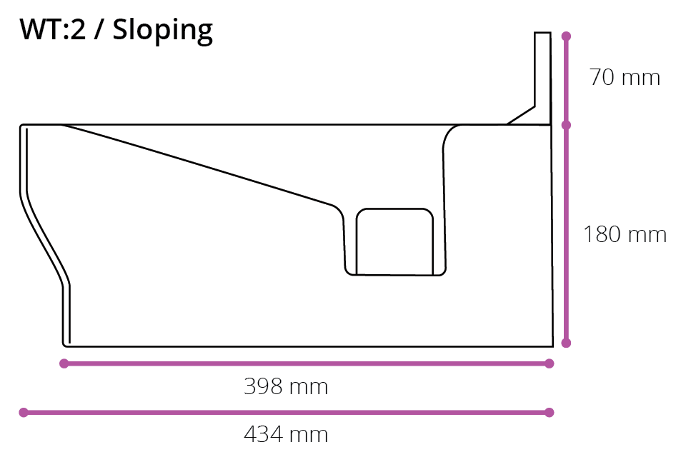 Technical drawing of a WT:2 smarttrough in millimeters, showing height, width, and depth measurements.