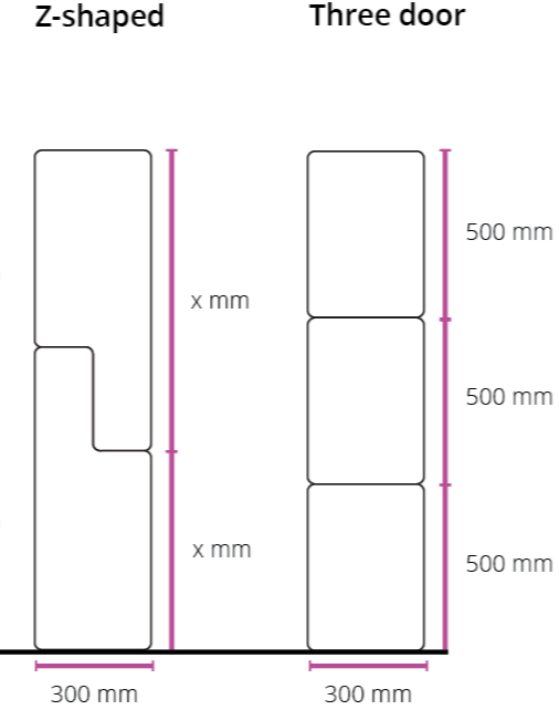 Diagram comparing a Z-shaped locker door and a three-door locker, with measurements in millimeters, showing Z-shape with inset section and three equal rectangular doors.