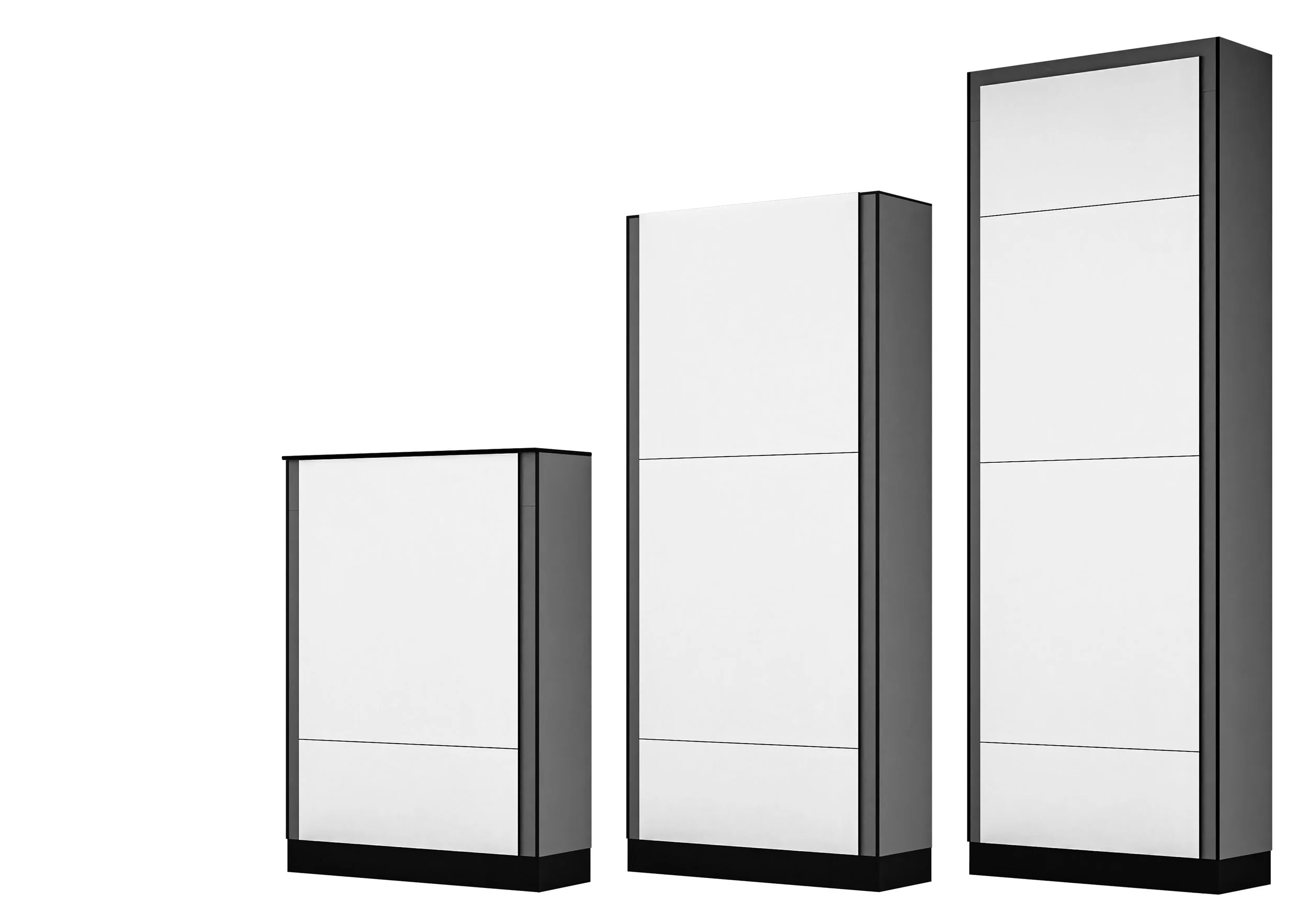 Three tall, rectangular, black-framed varying heights of duct panelling