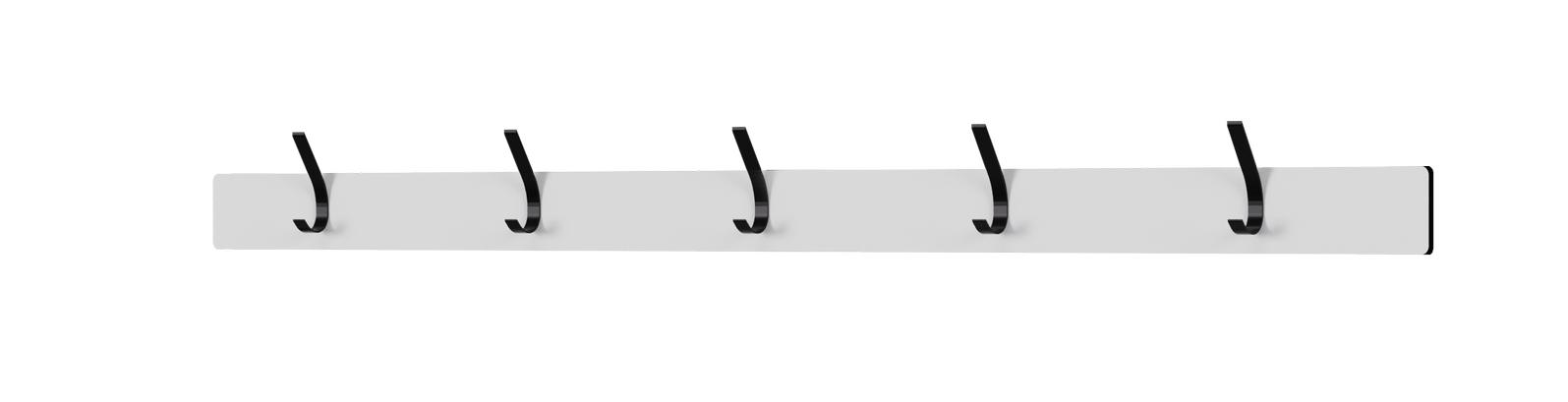 A white wall-mounted hook rack with six black hooks evenly spaced.