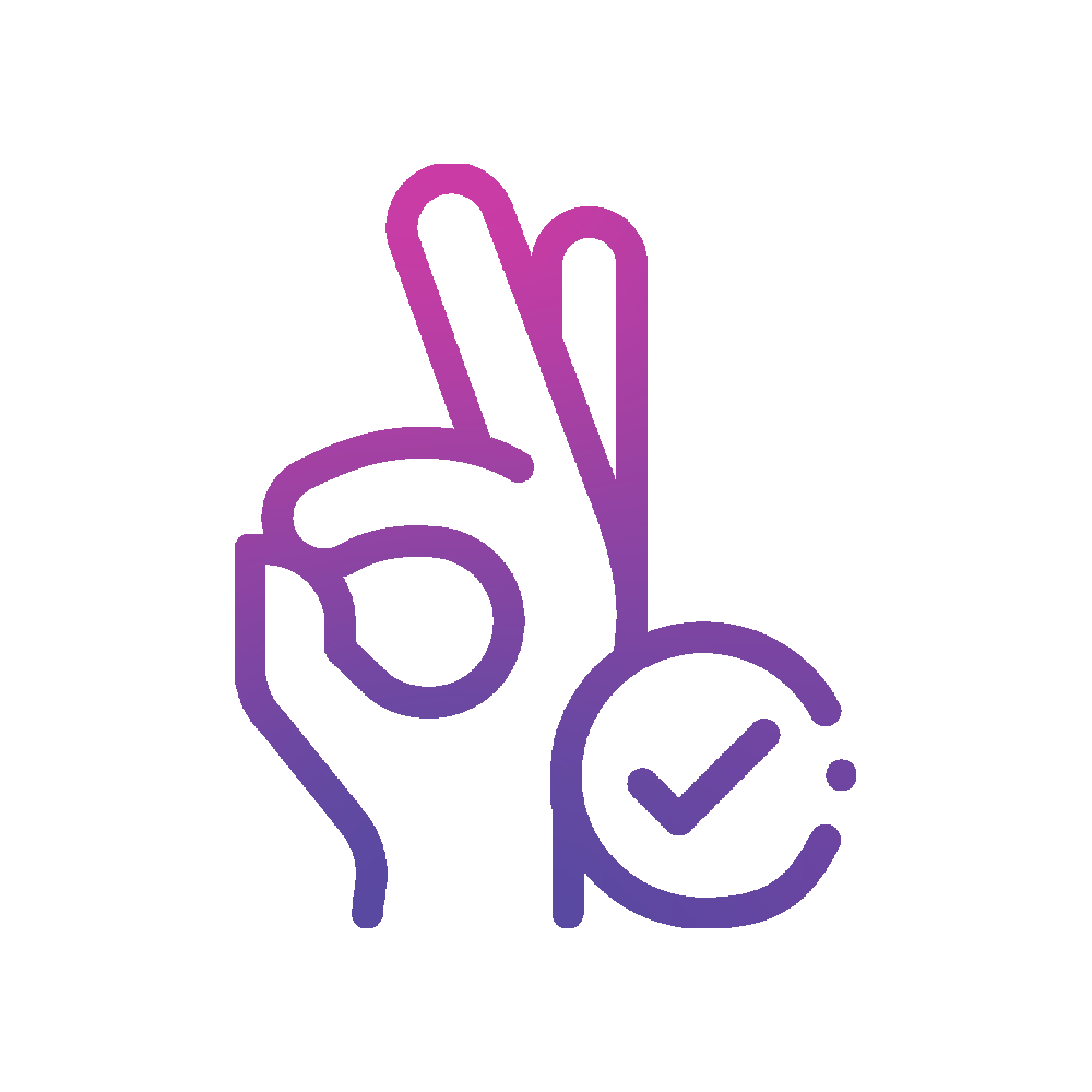 Outline of a hand making a peace sign with two fingers, with a checkmark inside a circle beside it.