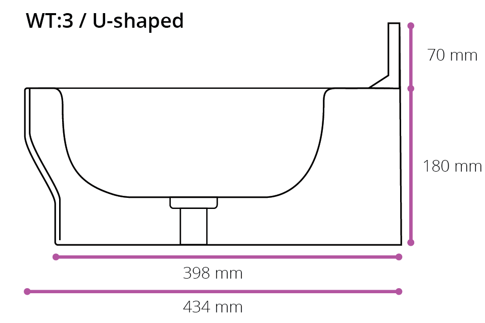Technical drawing of a WT:3 smarttrough in millimeters, showing height, width, and depth measurements.