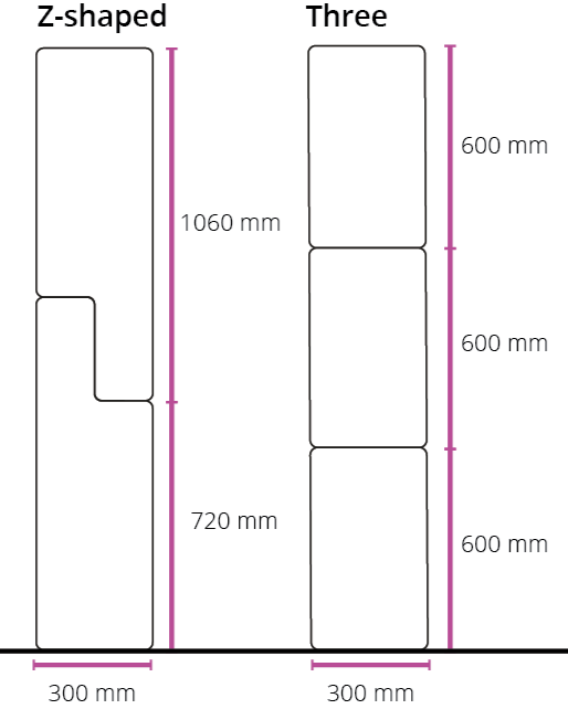 Diagram comparing dimensions of a Z-shaped and a three door lockers, with measurements in millimeters.