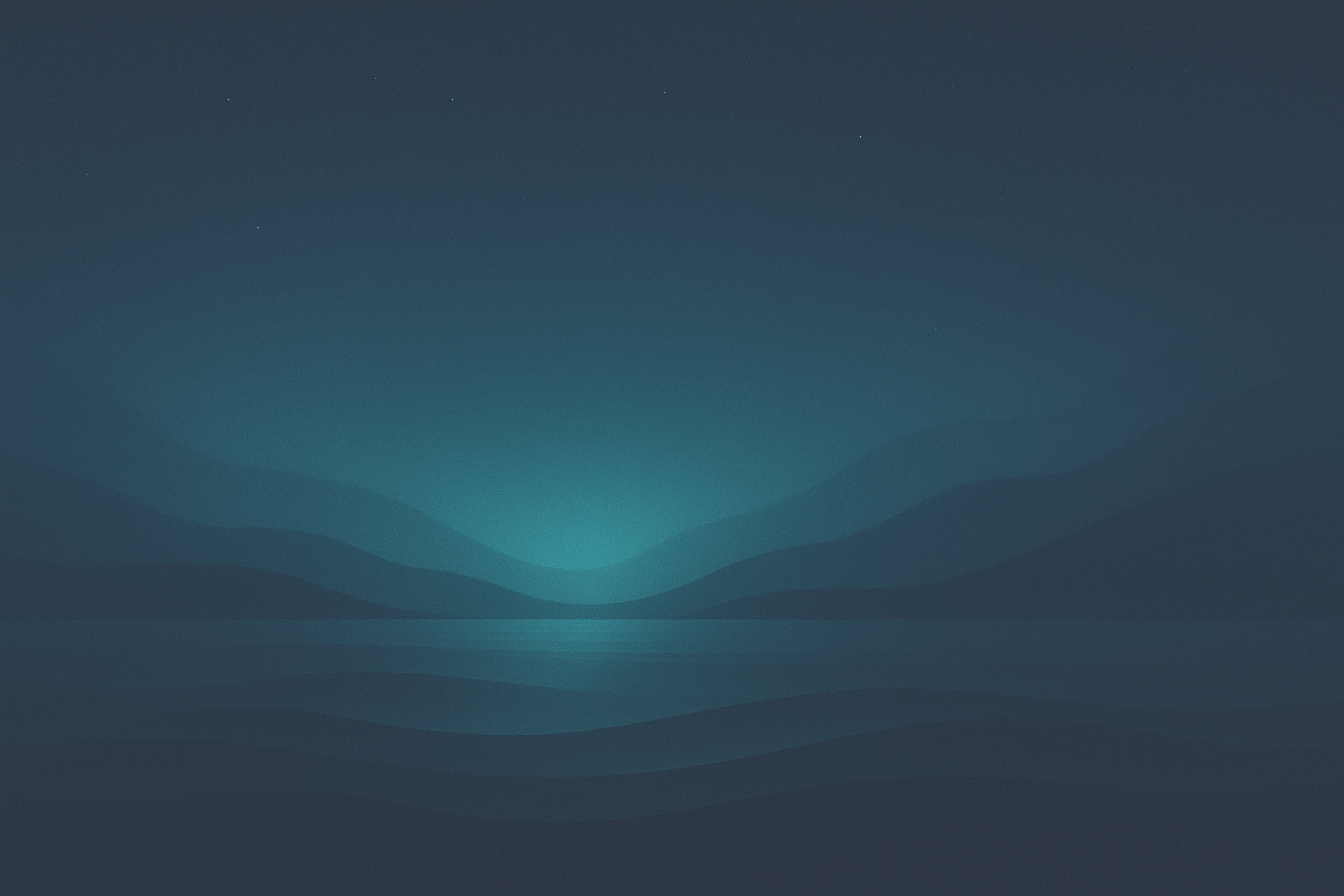 A digital abstract background featuring layered, wavy shapes in shades of blue and teal, resembling a stylized landscape with a reflective surface.