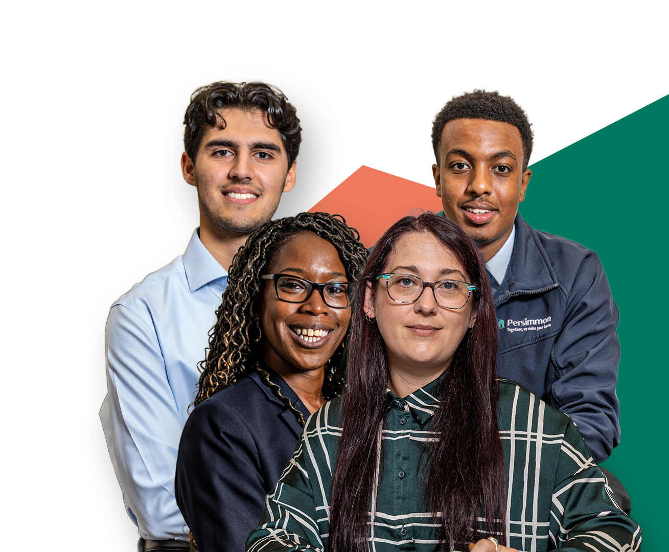 Group of four diverse professional people smiling and posing together, with a geometric background.