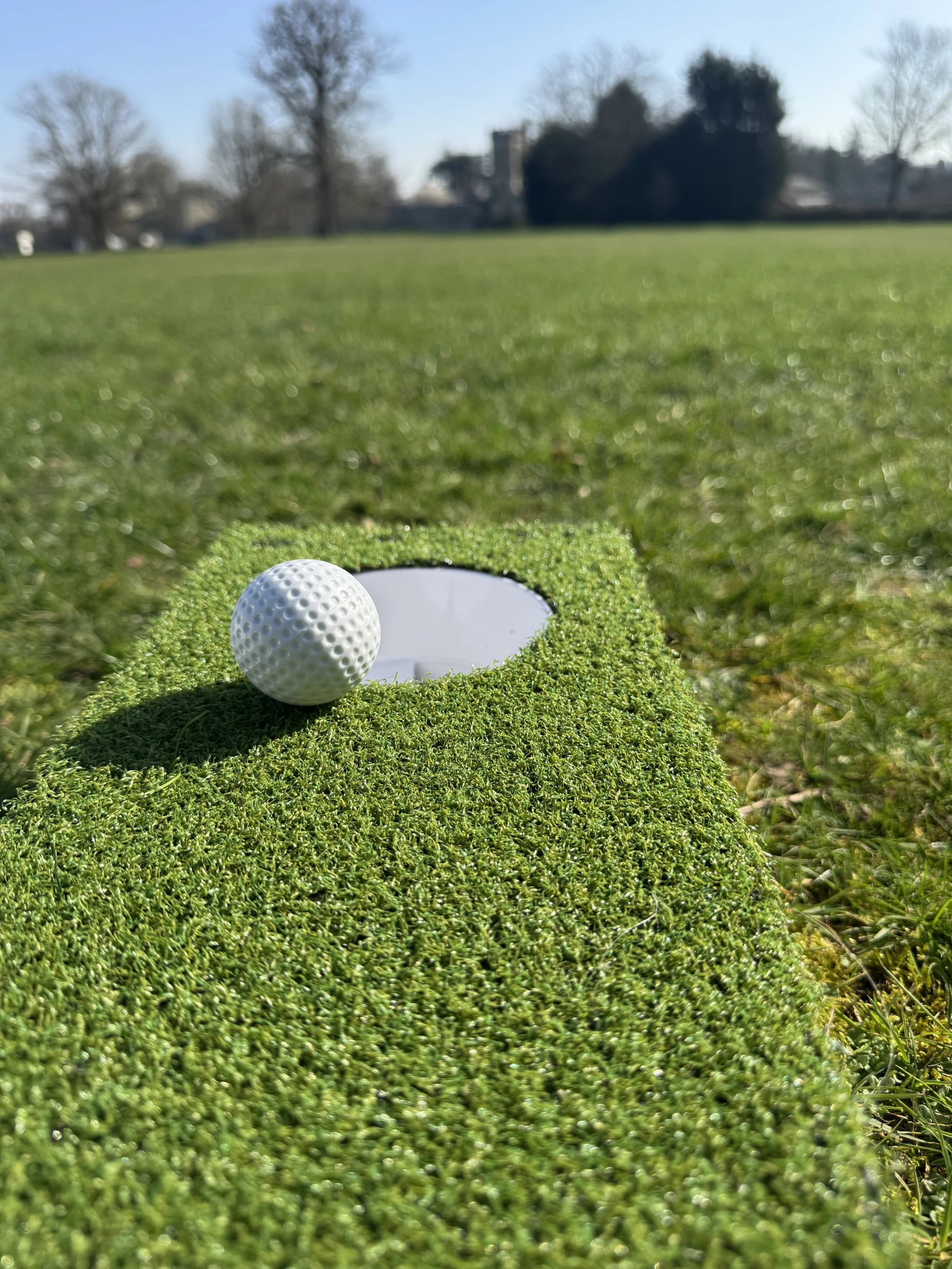 Mini golf ball on the edge of a hole