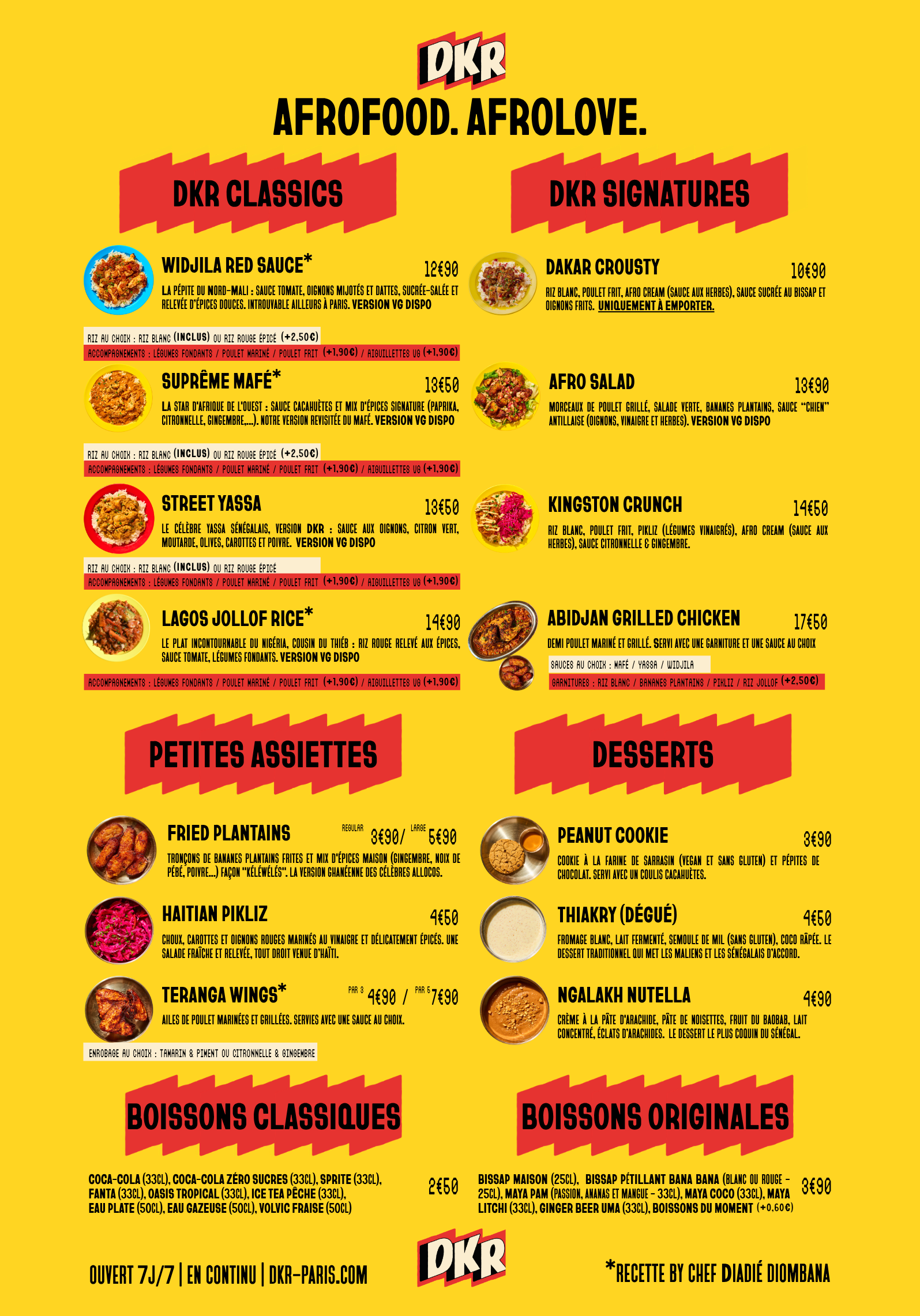 Carte de DKR : DKR Classics, DKR Signatures, petites assiettes, desserts et boissons