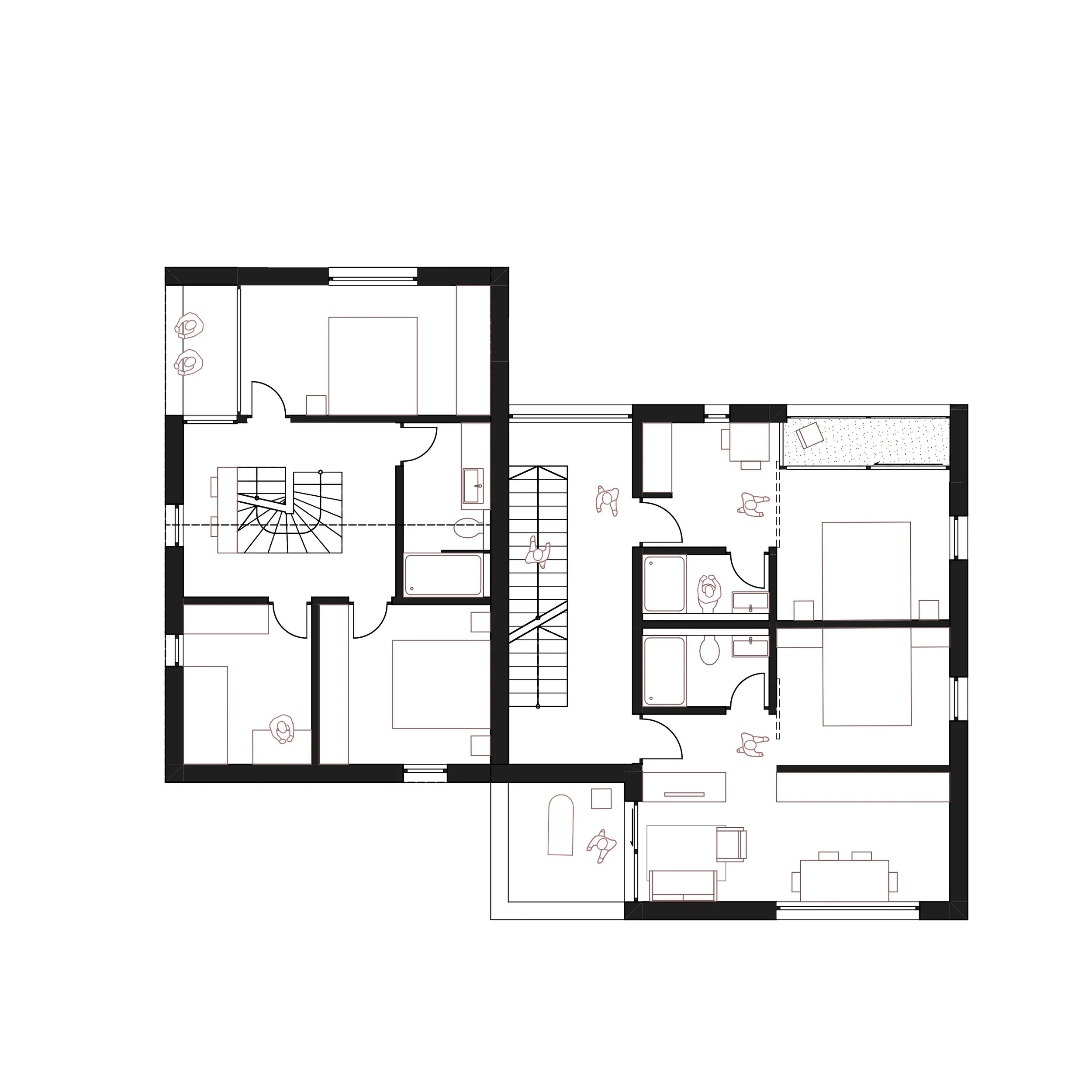 Grundriss Erdgeschoss: Architekturplan mit großem offenen Wohnbereich und separat zugänglicher Einliegerwohnung.