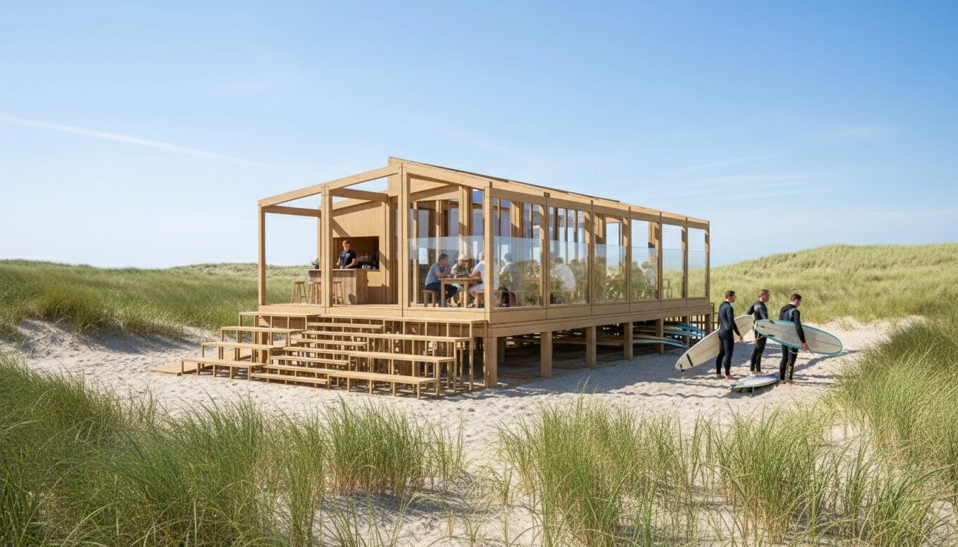 Architektur-Rendering: Hölzerner Strandpavillon mit Gastronomie und Surfschule in den Dünen.