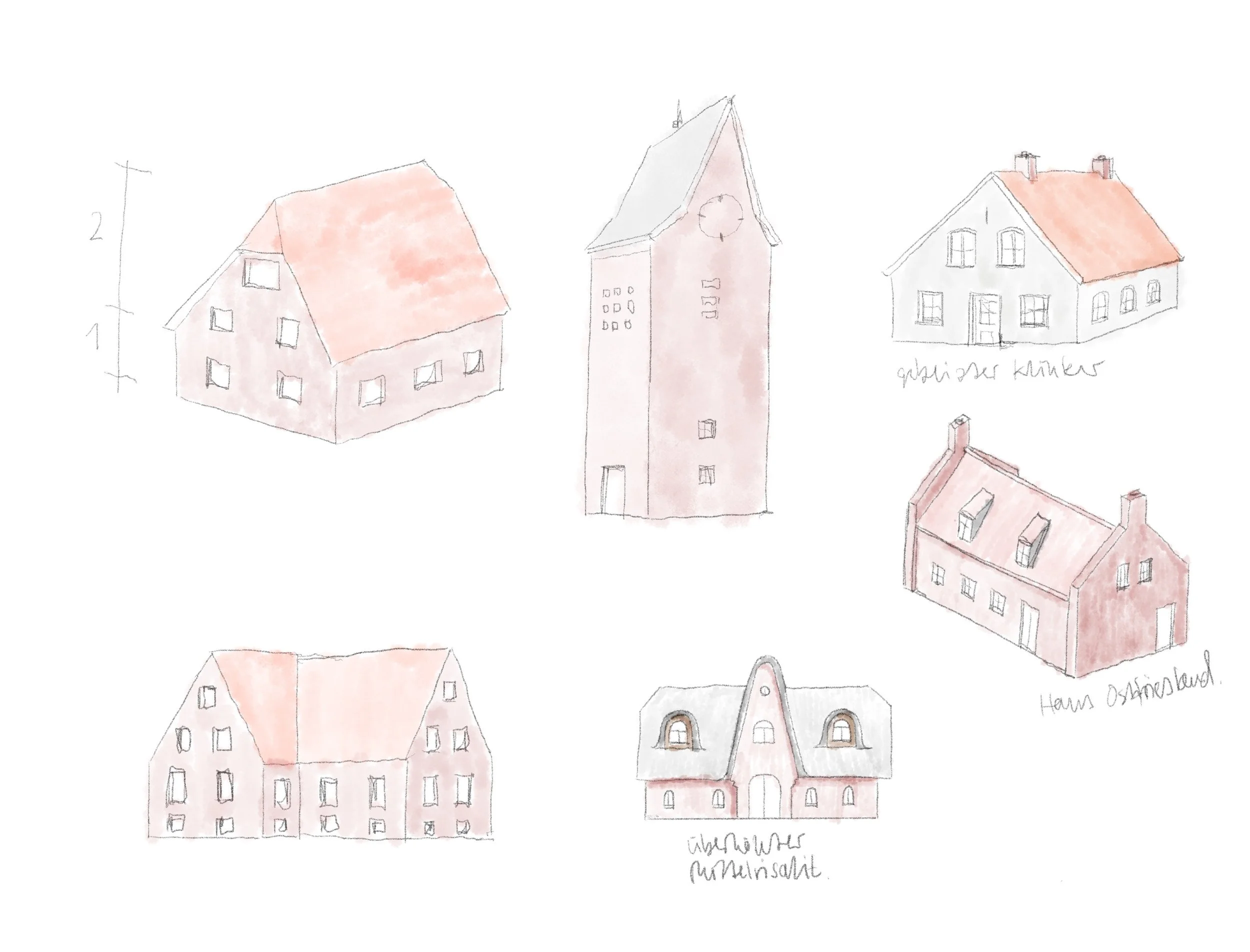 Architektonische Typologie-Studie: Handskizzen regionaler Gebäudeformen in Ostfriesland (Klinker, Satteldach)