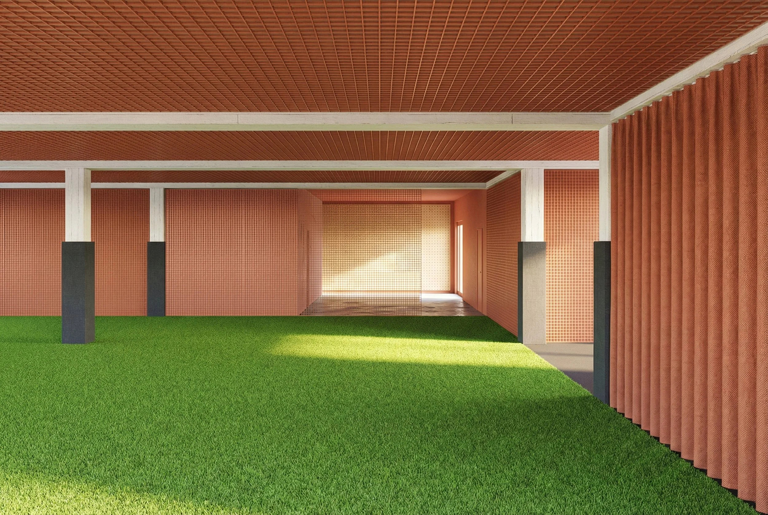 Moderne Architekturvisualisierung eines Innenraumes mit flächendeckendem grünem Rasenboden, einer terrakottafarbenen Gitterdecke und passenden Vorhängen. Sichtbetonstützen gliedern den minimalistischen Raum, der natürlich erleuchtet ist.