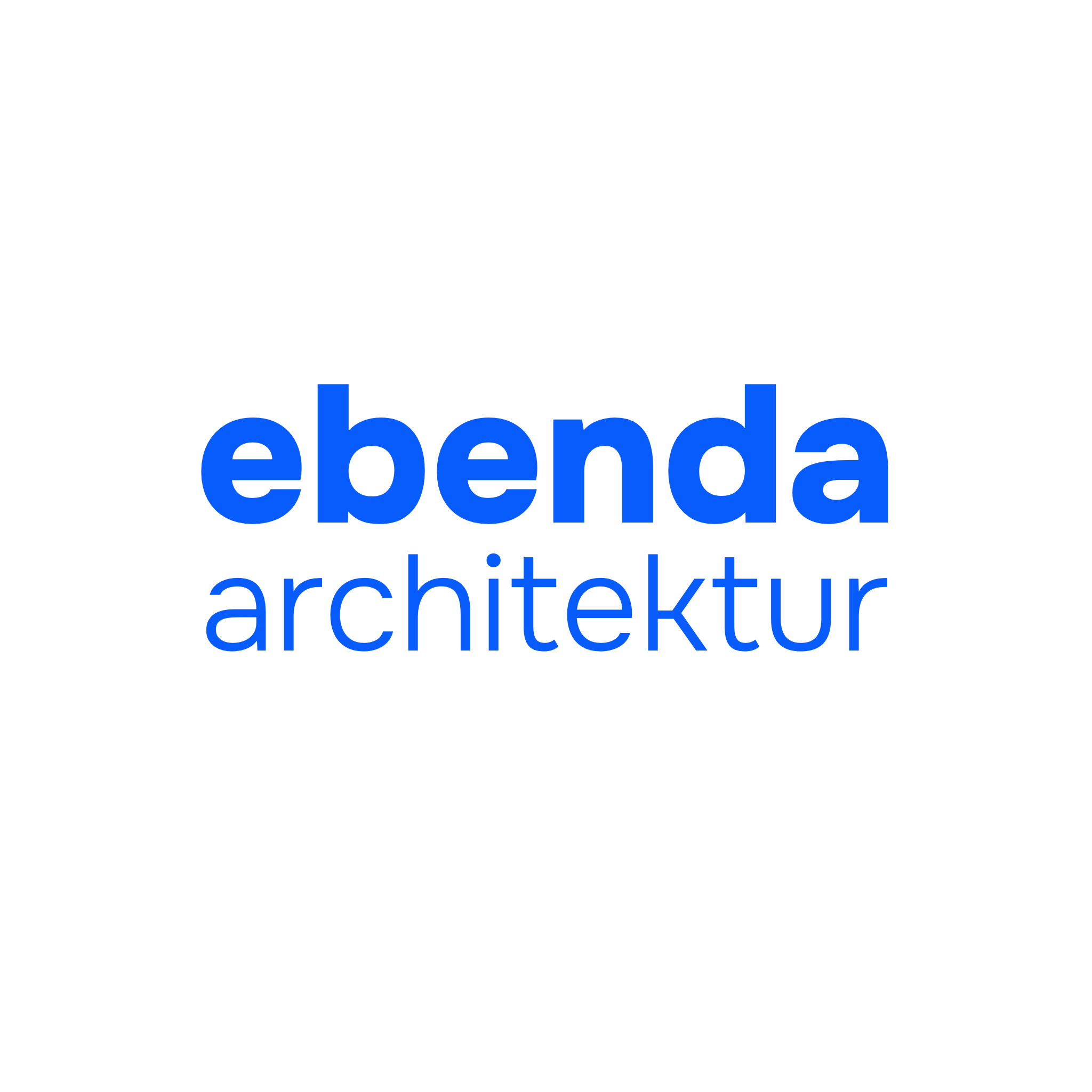 Grafik mit den Worten 'ebenda architektur' in blauer Schrift auf schwarzem Hintergrund