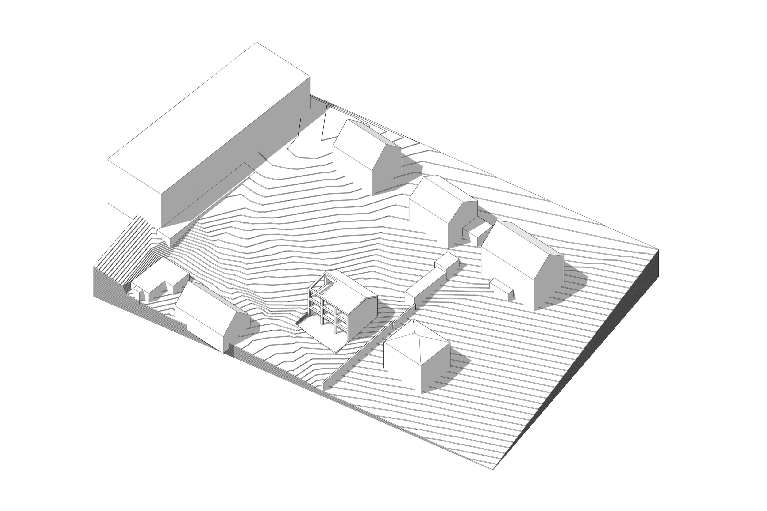 Architektur-Axonometrie: Lageplan und Volumenstudie für Wohnbau in Hangsituation.