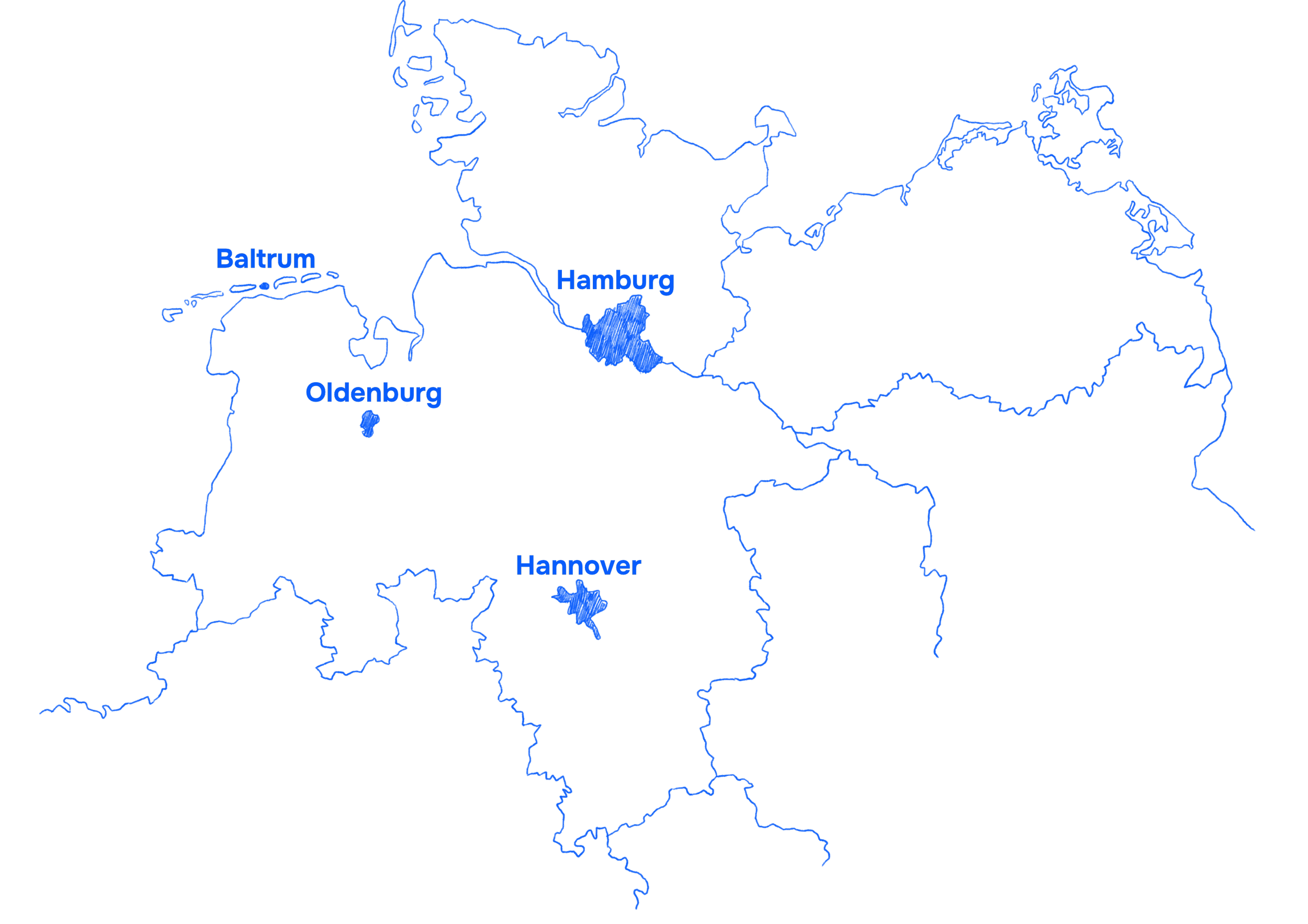 Eine illustrierte Karte der Standorte und Geschäftsgebiete von ebenda Architektur in Norddeutschland.