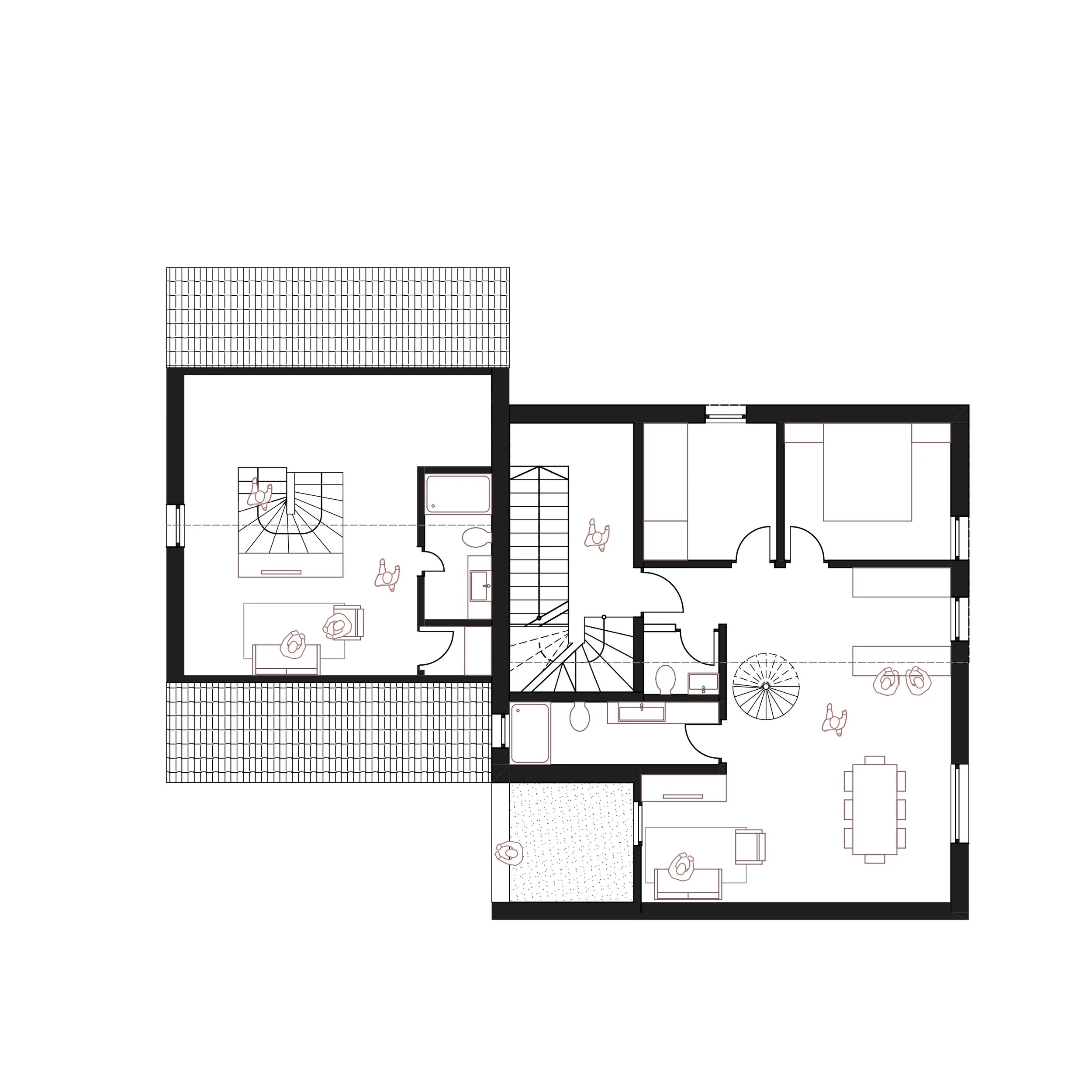 Grundriss Dachgeschoss: Plan mit offenem Galerie-Studio, Schlafzimmern und geschützter Loggia.