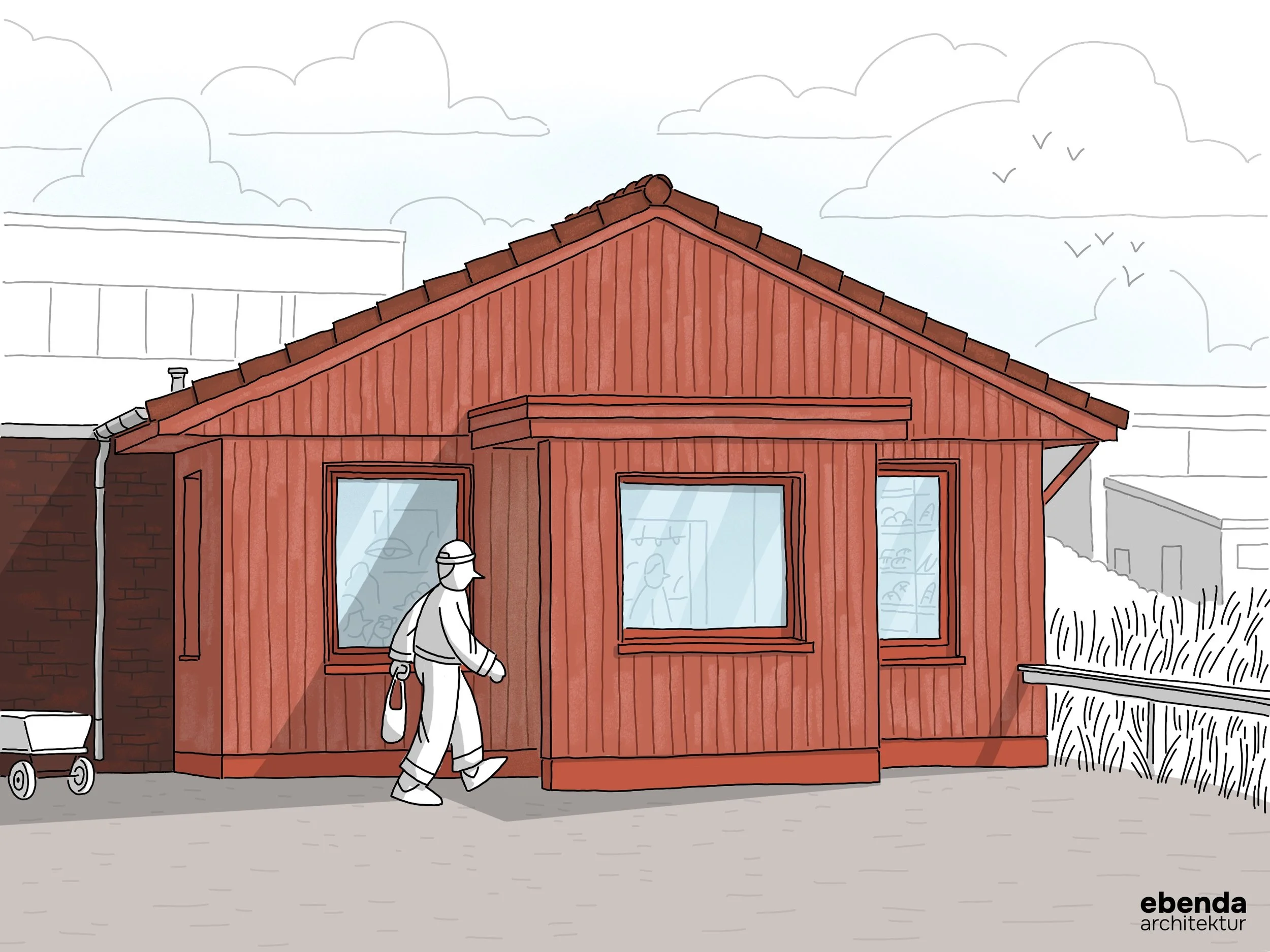 Farbige Architektur-Konzeptskizze einer roten Backstube auf Baltrum. Die Zeichnung zeigt das rote Holzgebäude mit Vorbau, großen Fenstern, in denen sich Backwaren andeuten, und einer skizzierten Person, die mit einer Tasche auf den Eingang zugeht.
