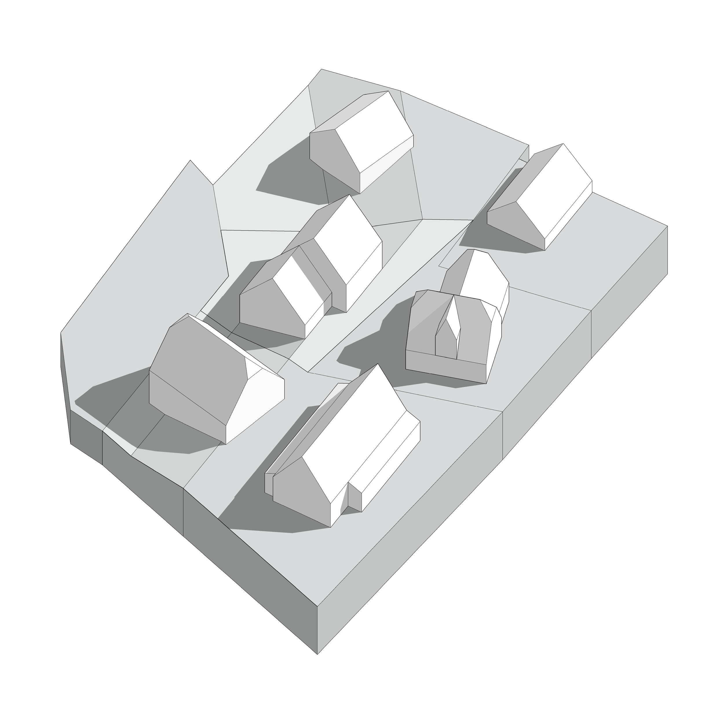 Architektur-Lageplan im White-Model-Stil: Axonometrische Ansicht einer Baugruppe.