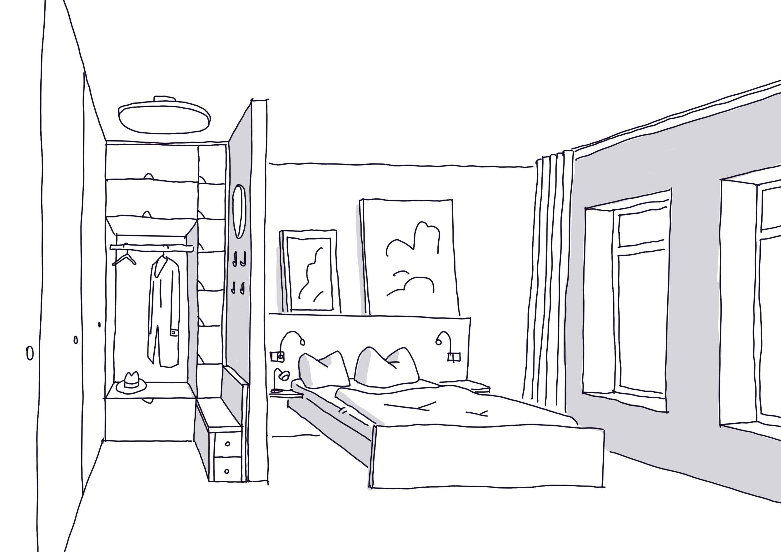 Handzeichnung Interior: Schlafzimmer-Gestaltung mit begehbarer Ankleide und gemütlicher Fensterfront.