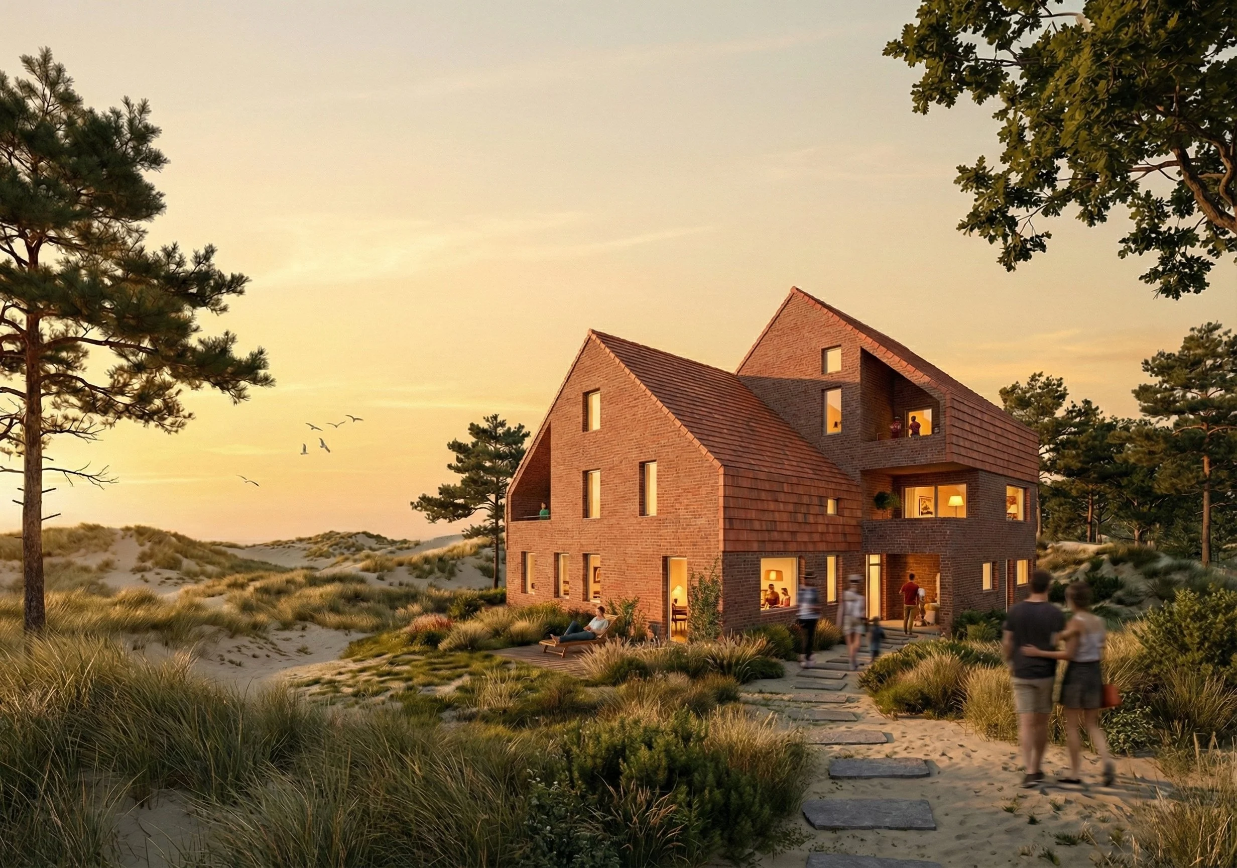 Architektur-Rendering: Modernes Klinker-Wohnhaus inmitten einer Dünenlandschaft bei Sonnenuntergang.