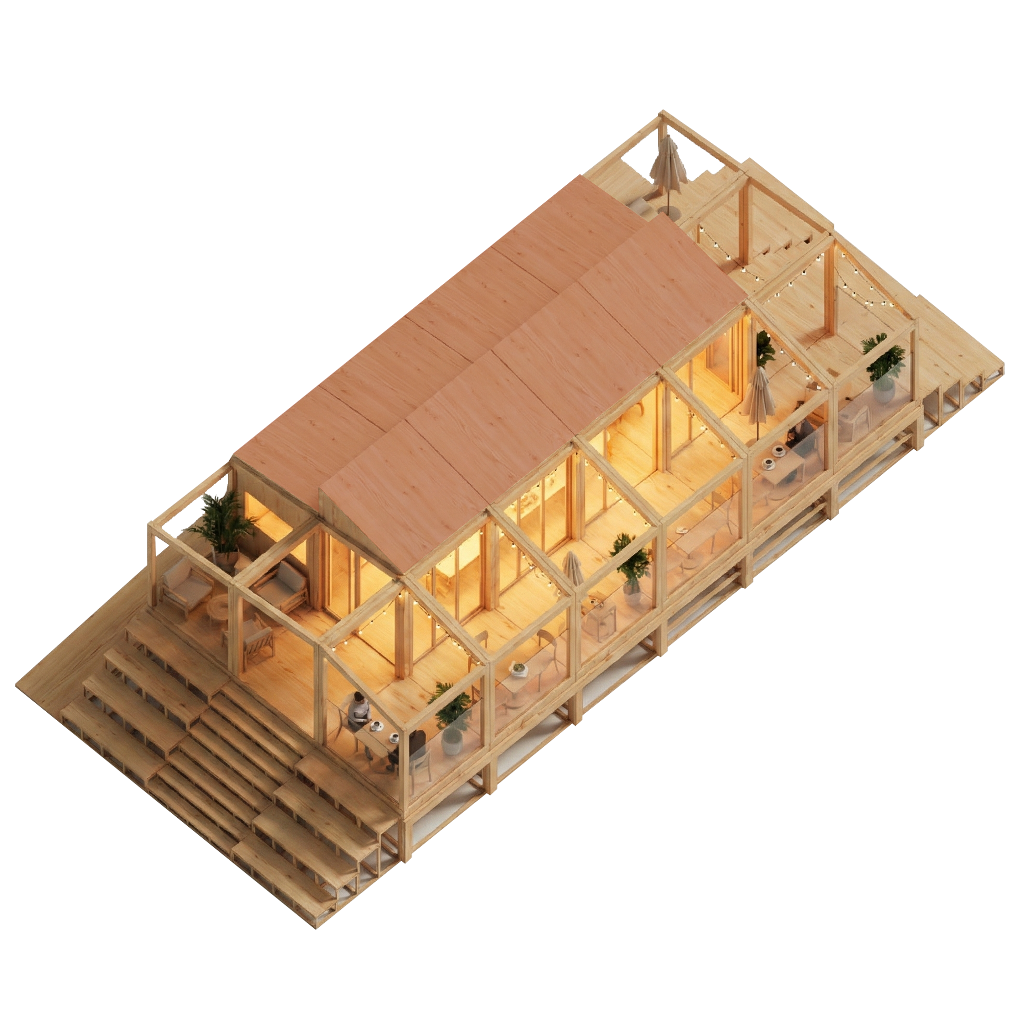 Architektur-Axonometrie: Hölzerner Strandpavillon bei Dämmerung mit warmer Innenraumbeleuchtung und Lichterketten.