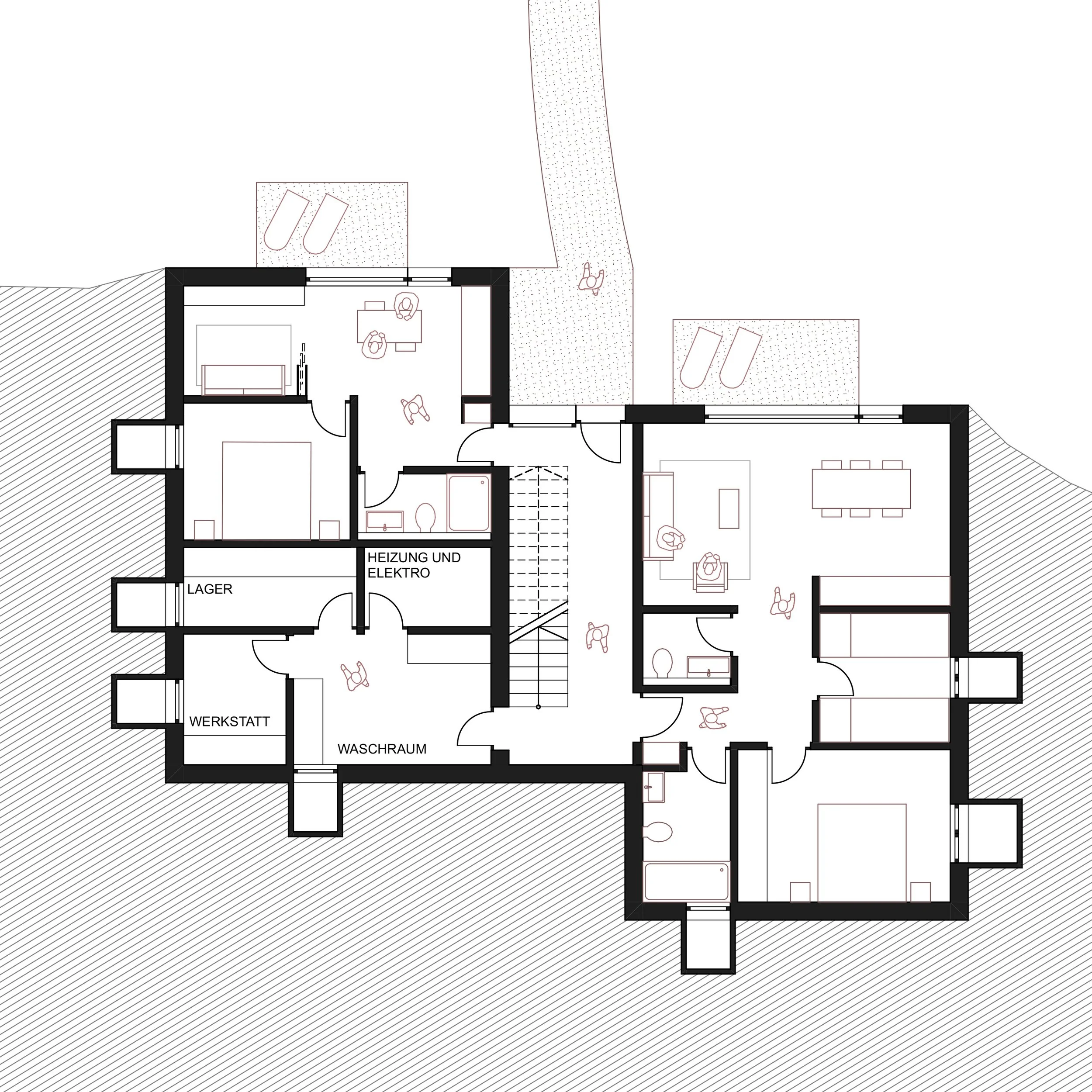 Option A (Fokus auf Funktion): "Grundriss Untergeschoss: Architekturplan mit Einliegerwohnung, Werkstatt und Technikräumen.