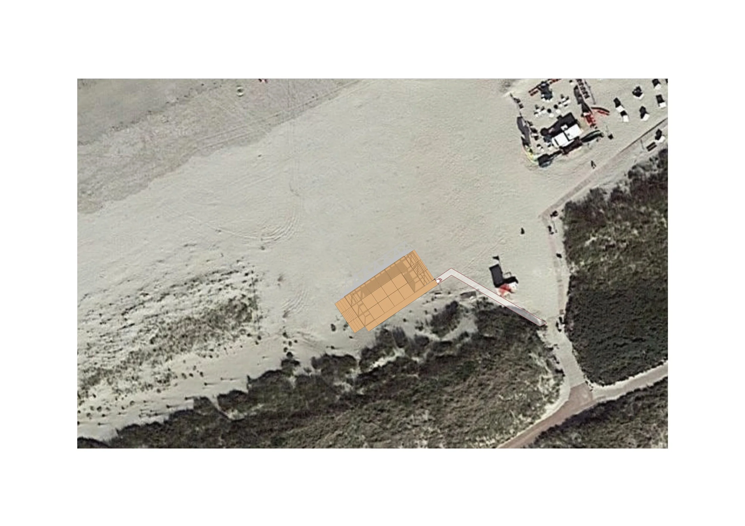 Architektonischer Lageplan: Verortung des Strandpavillons auf einem Satellitenbild der Küste.