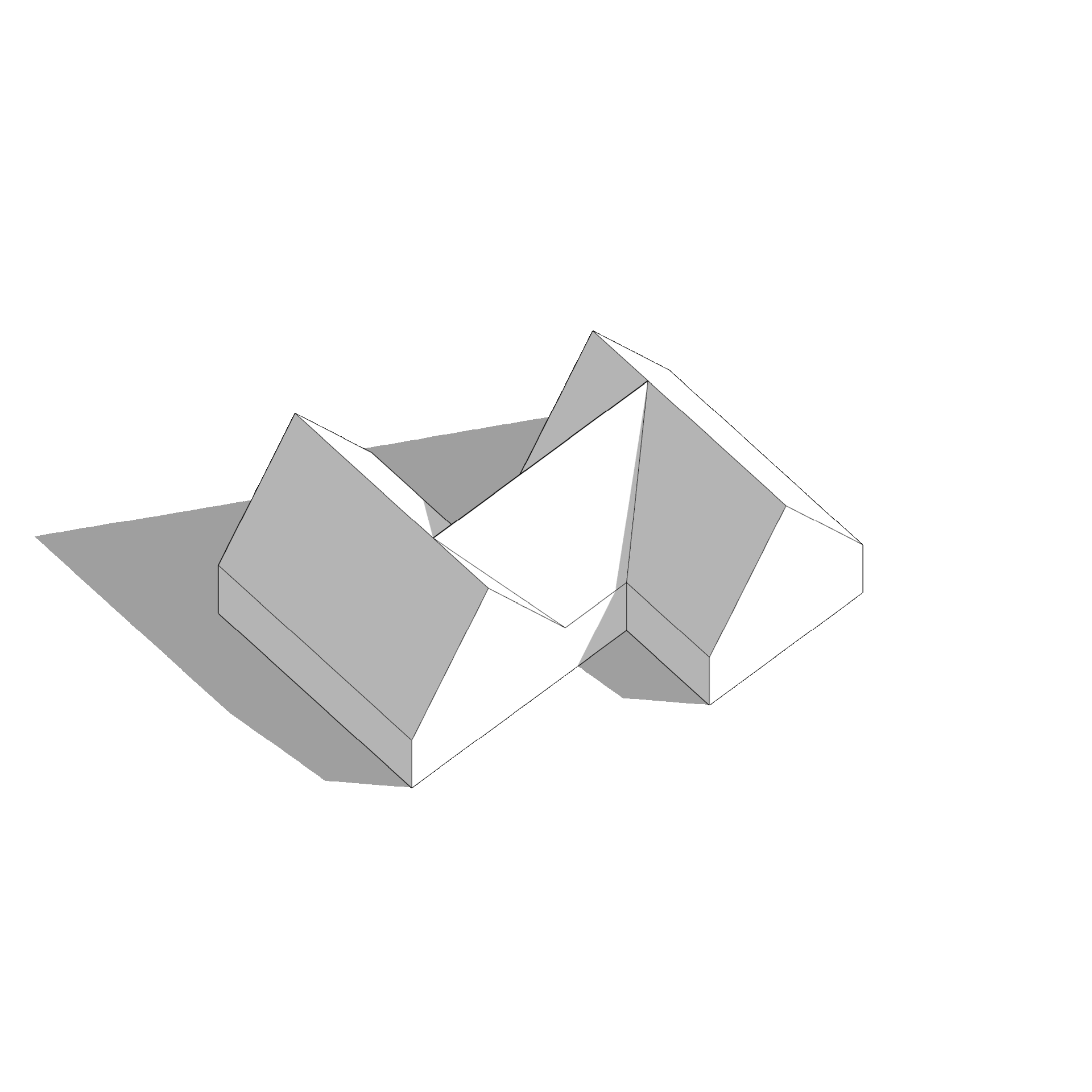 Architektur-Axonometrie: Volumenstudie dreier ineinander verschränkter Satteldach-Baukörper.