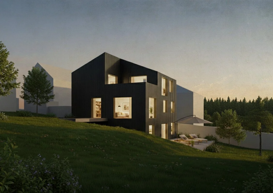 Fotorealistisches 3D-Rendering eines modernen Einfamilienhauses mit schwarzer Vertikal-Fassade in Hanglage. Abendstimmung mit beleuchteten Innenräumen und Terrasse im Grünen.